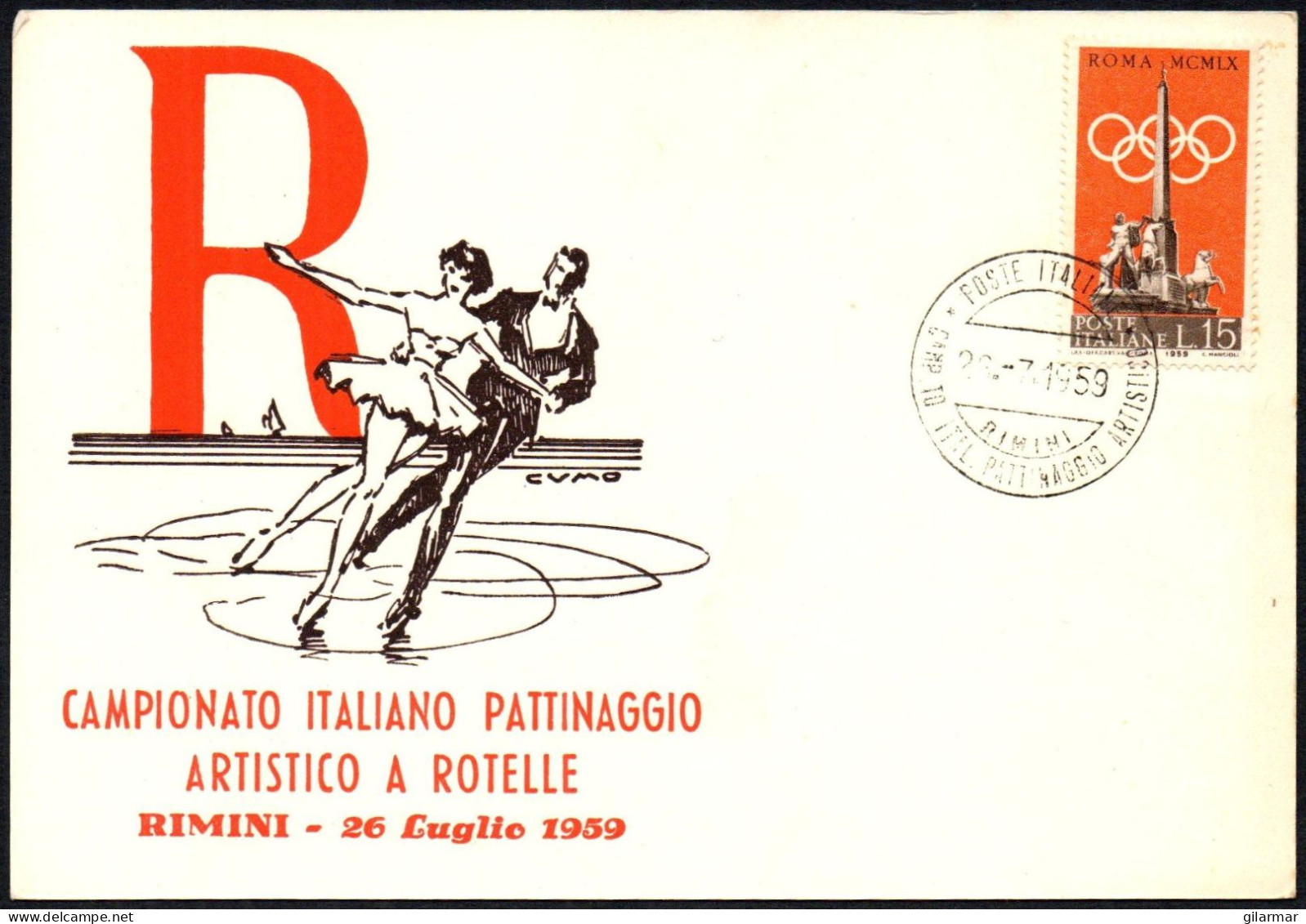 SKATING - ITALIA RIMINI 1959 - CAMPIONATO ITALIANO PATTINAGGIO ARTISTICO A ROTELLE - CARTOLINA UFFICIALE - M - Eiskunstlauf