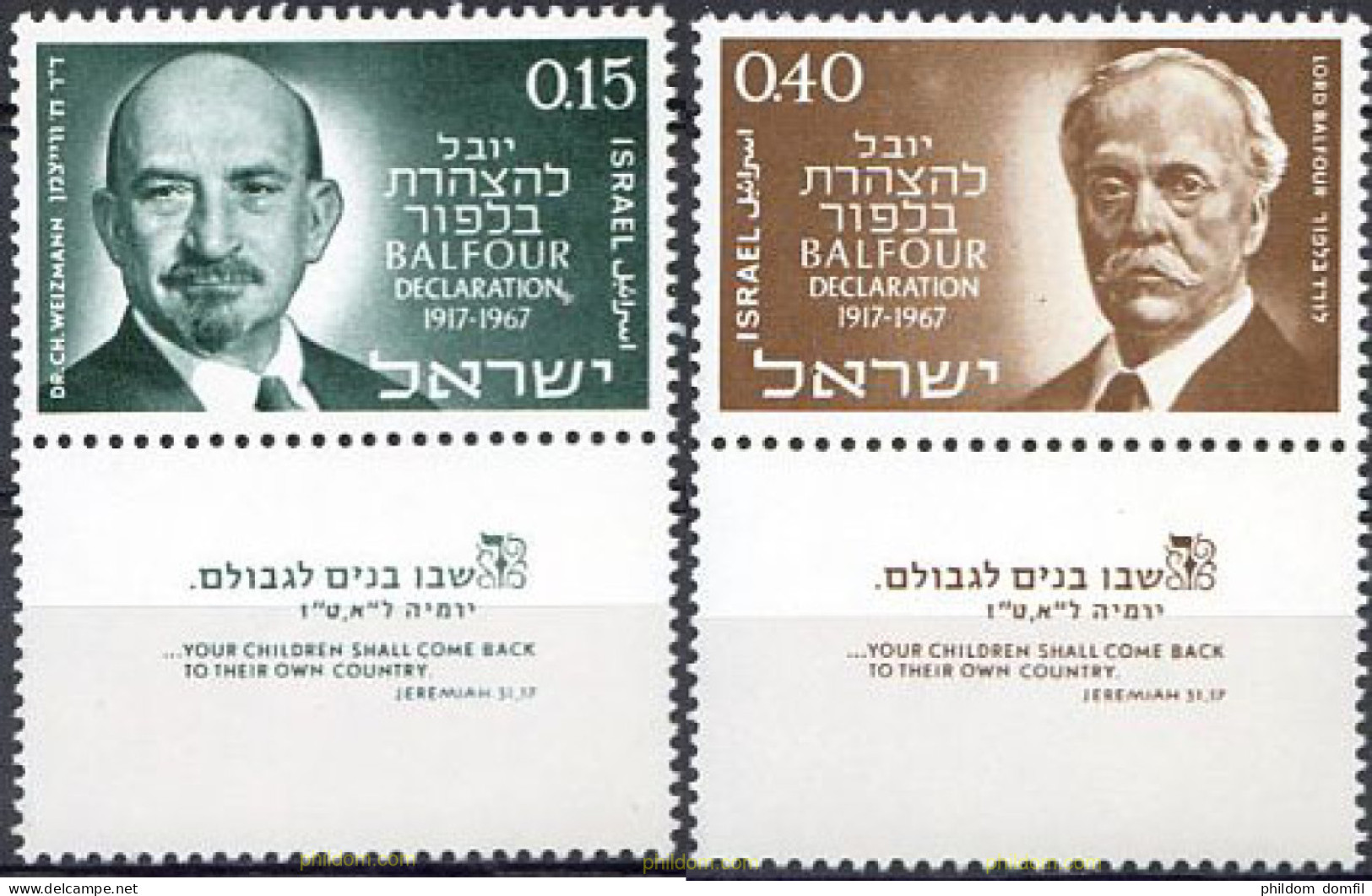 327781 MNH ISRAEL 1967 CENTENARIO DE LA DECLARACION BALFOUR SOBRE EL ESTADO JUDIO - Unused Stamps (without Tabs)