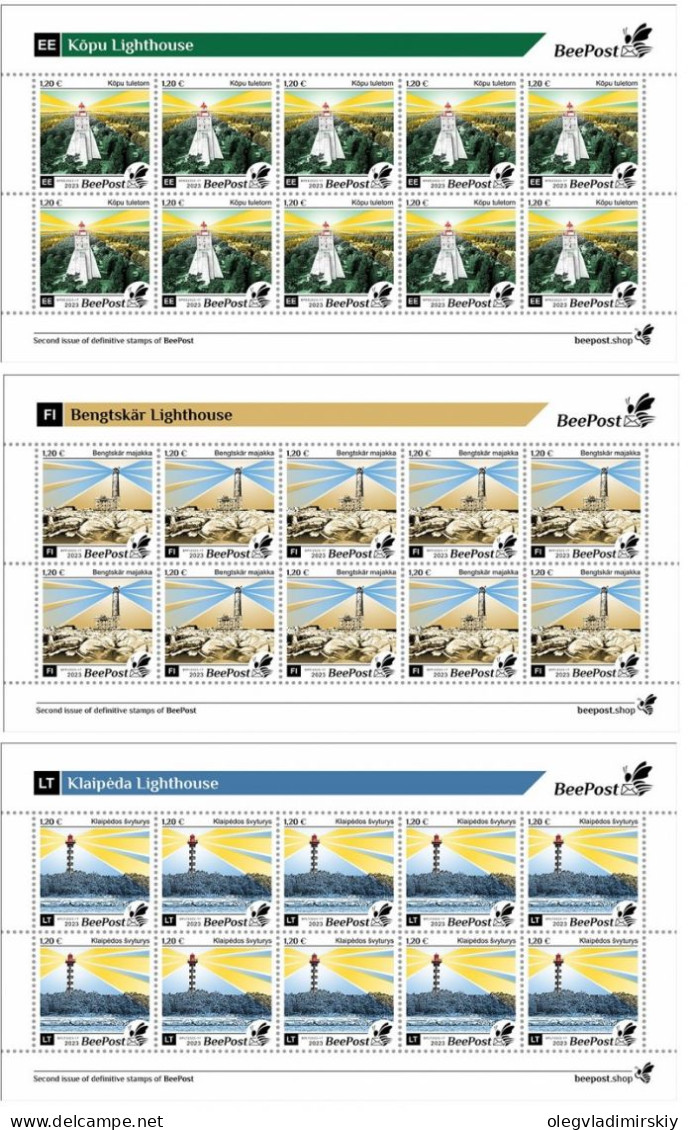 Finland Estonia Lithuania 2023 Famous Lighthouses Of The Baltic Beepost Definitives Set Of 3 Sheetlets MNH - Blocs-feuillets