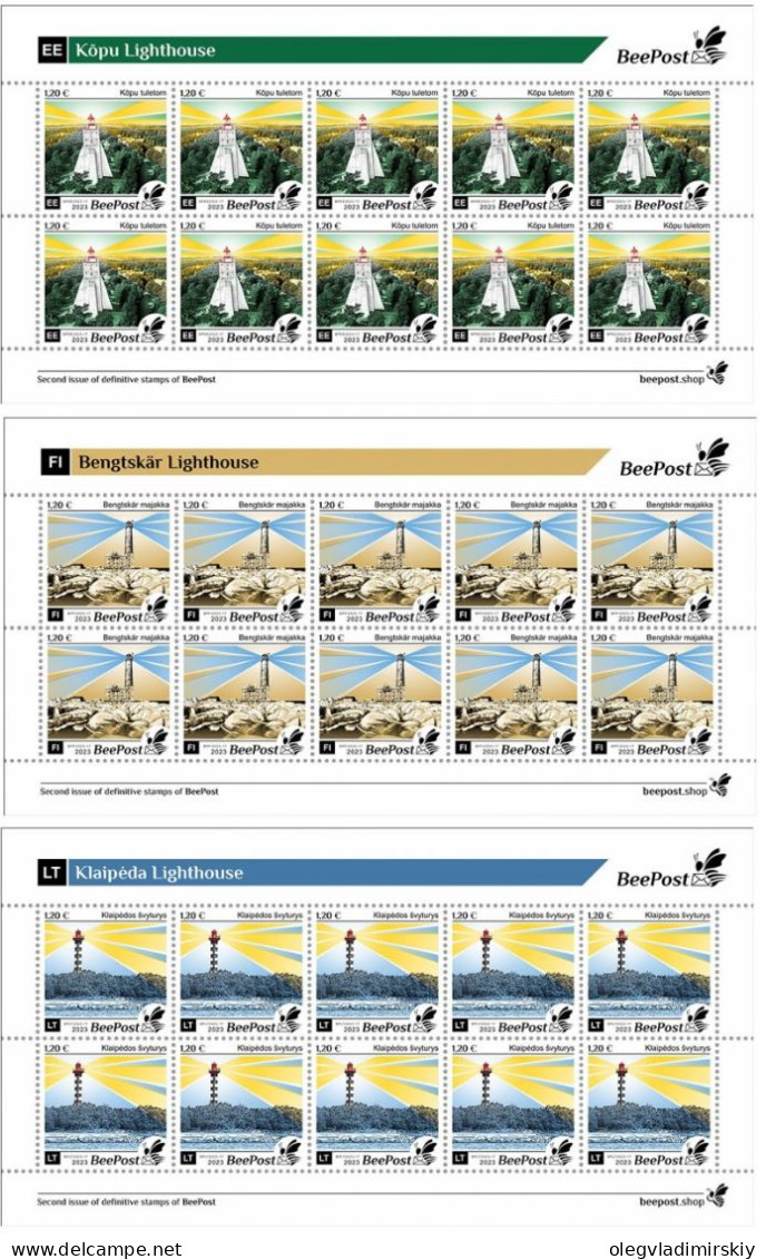 Finland Estonia Lithuania 2023 Famous Lighthouses Of The Baltic Beepost Definitives Set Of 3 Sheetlets MNH - Blokken & Velletjes