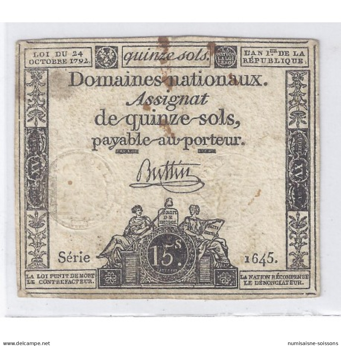 ASSIGNAT DE 15 SOLS - SERIE 1645 - 24/10/1792 - TB/TTB - Assegnati