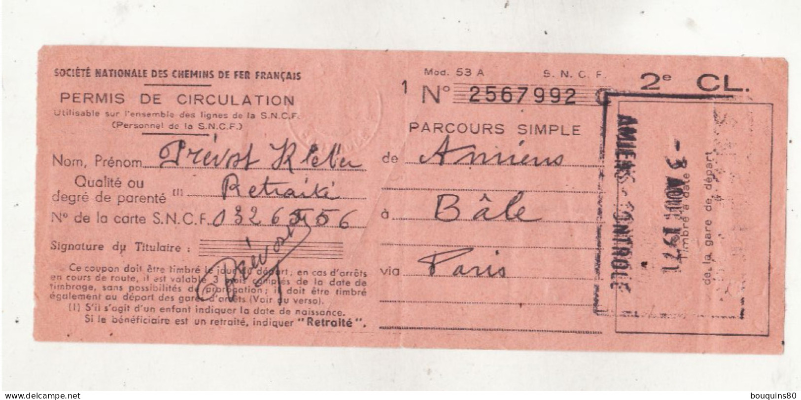 PERMIS DE CIRCULATION TRAINS 2éme Classe 1971 Billet - Europa