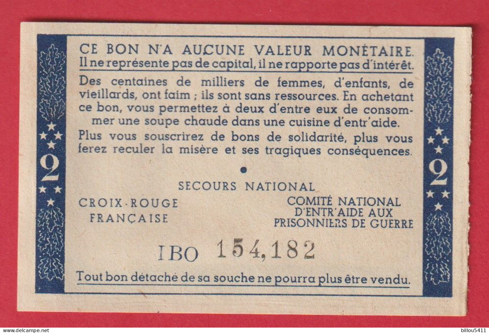 Bon De Solidarité 2 FRANCS Au Profit Des Populations Civiles éprouvées Par La Guerre PETAIN Vichy Et Prisonniers - Bons & Nécessité