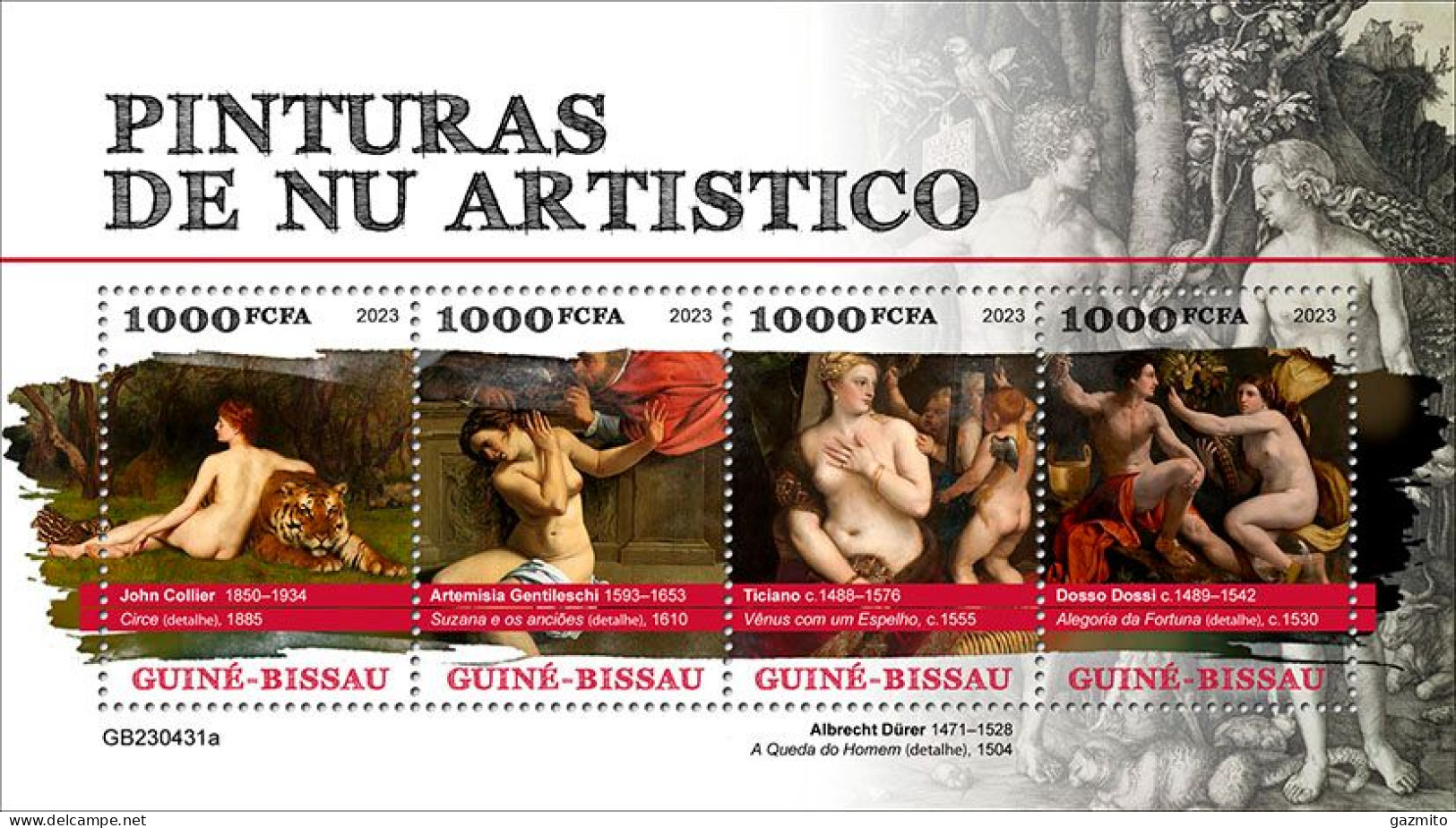 Guinea Bissau 2023, Art, Nude, Tiger, Parrot, Mythology, Durer, 4val In BF - Gravures