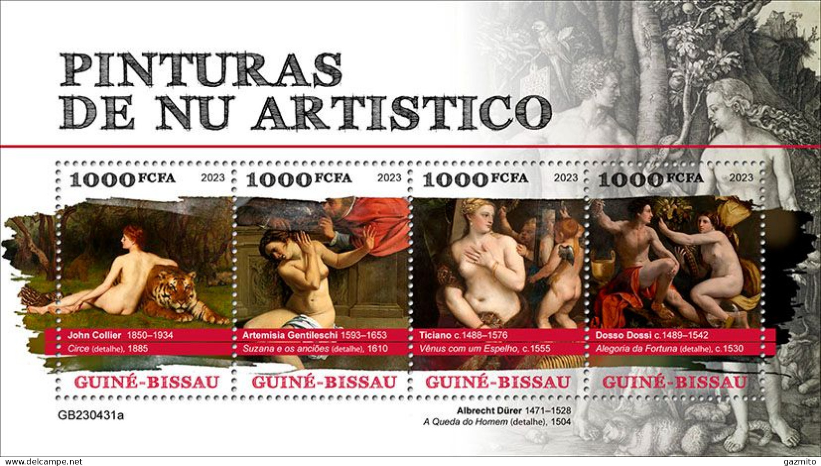 Guinea Bissau 2023, Art, Nude, Tiger, Parrot, Mythology, Durer, 4val In BF - Mythology