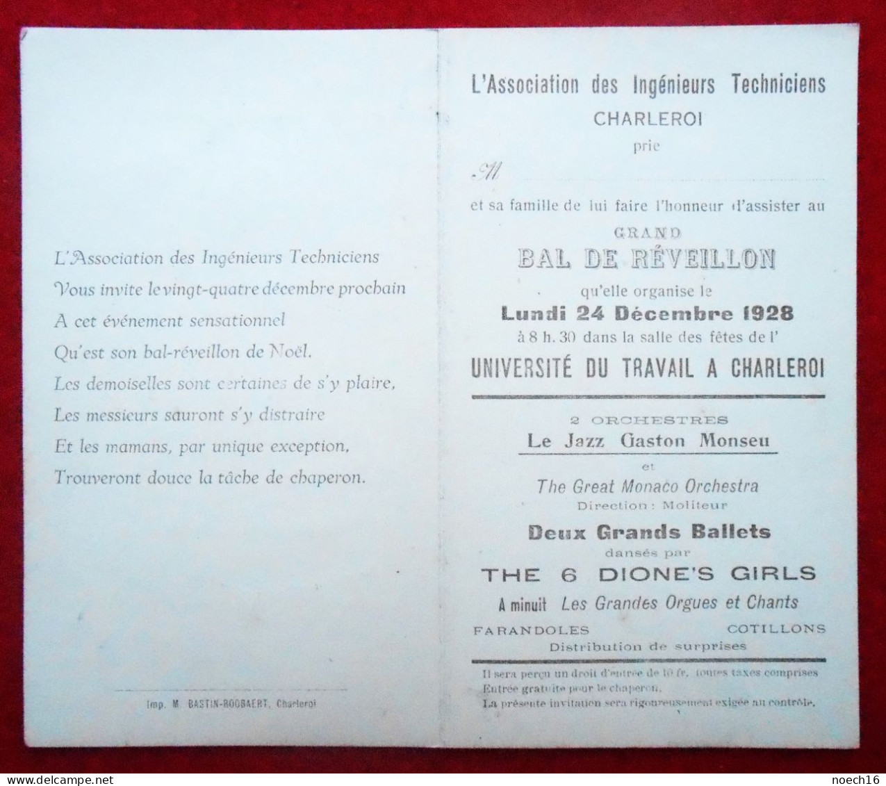 Programme Bal De Réveillon 1928. Université Du Travail à Charleroi, Association Des Ingénieurs Techniciens - Programs
