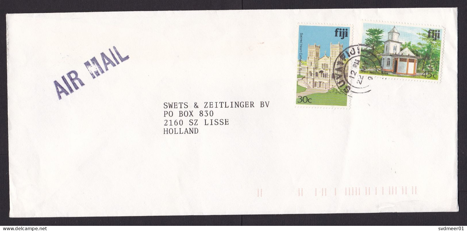 Fiji: Airmail Cover To Netherlands, 1991, 2 Stamps, Church, Shiva Temple, Architecture, Religion (minor Crease) - Fidji (1970-...)