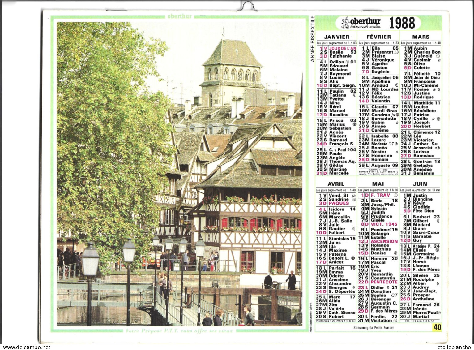 Calendrier 1988 Photos, Alsace, Strasbourg (67) écluses, Quartier Petite France, Touristes - Cigognes - - Tamaño Grande : 1981-90