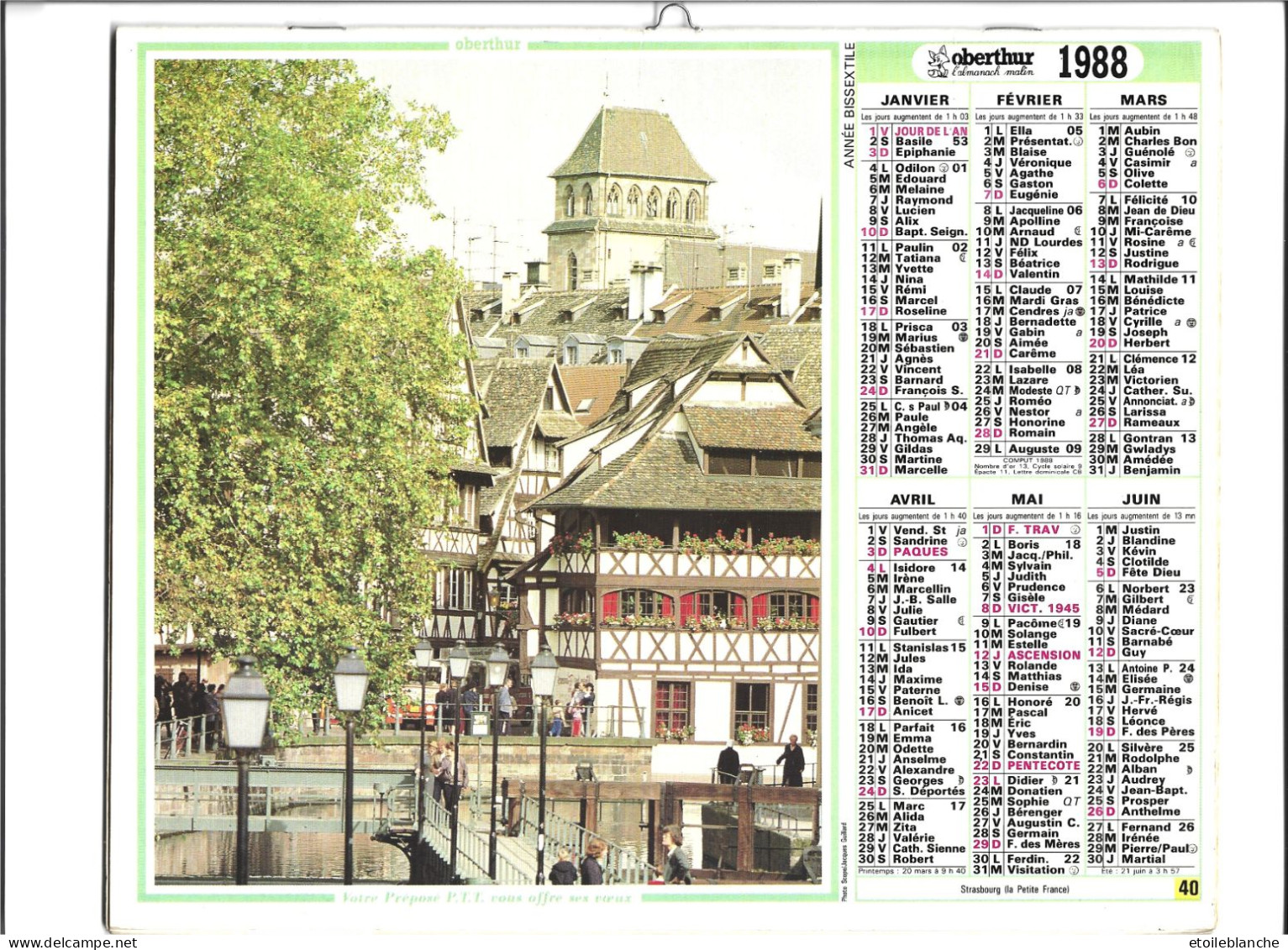 Calendrier 1988 Photos, Alsace, Strasbourg (67) écluses, Quartier Petite France, Touristes - Cigognes - - Grand Format : 1981-90