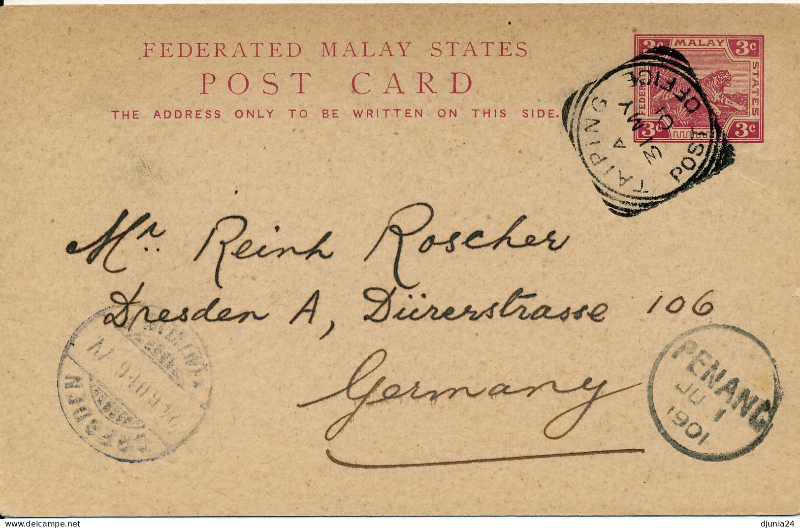 BF0116 / MALAYA / TEIPING (Perak)  -  1901 , Post Card To Dresden / Germany  -  Ascher 2 - Federated Malay States