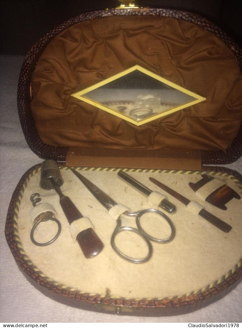 Elegante Trousse Manicure E Cucito Specchio - Vintage Custodia Pelle? Ottima - Ancient Tools
