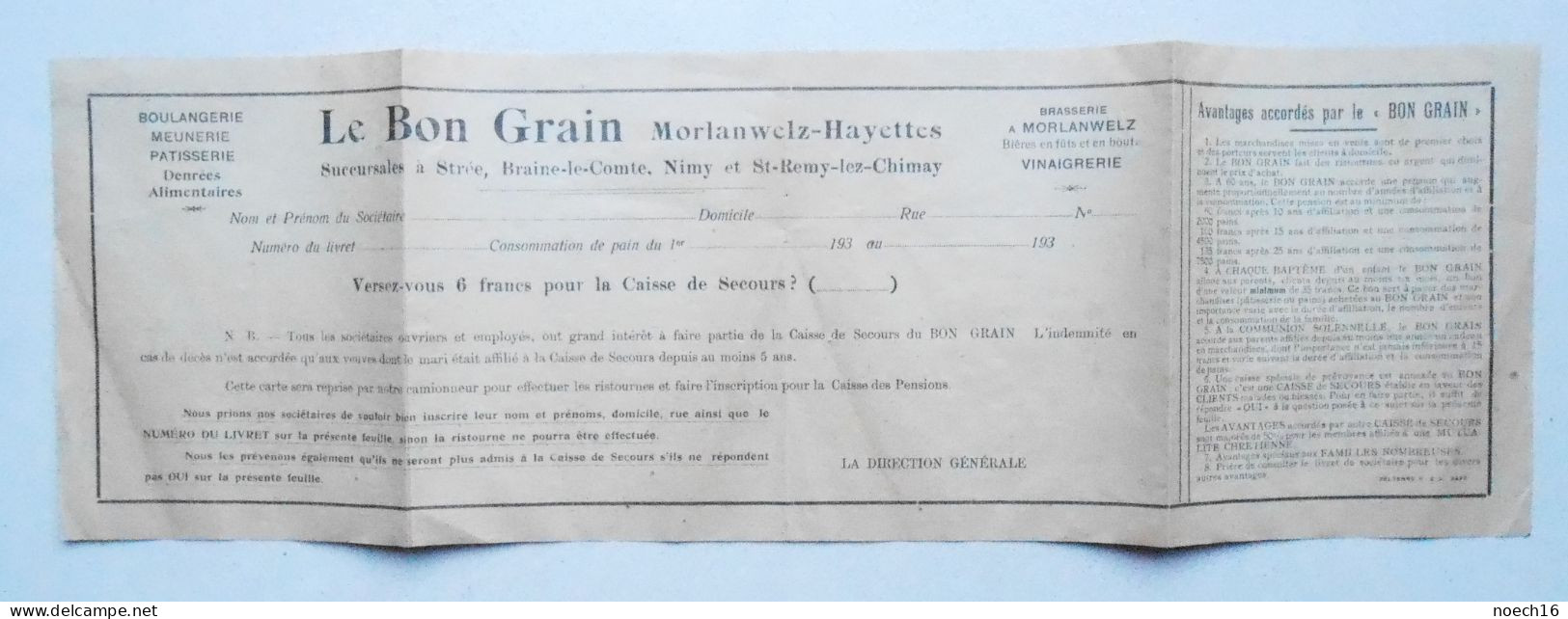 Le Bon Grain, Morlanwelz-Hayettes, Boulangerie, Brasserie. Affiliation à La Caisse De Secours, Années 1930 - 1900 – 1949