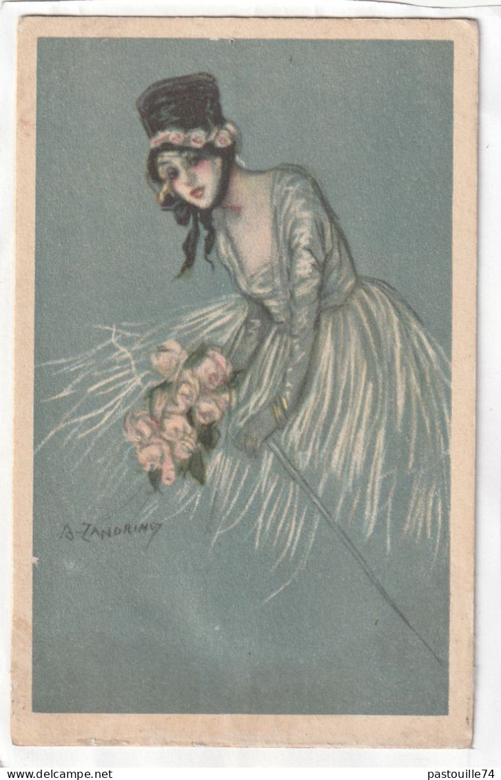 CPA :  14 X 9  -  Femme Avec Bouquet De Fleurs (illustrateur  Zandrino) - Zandrino