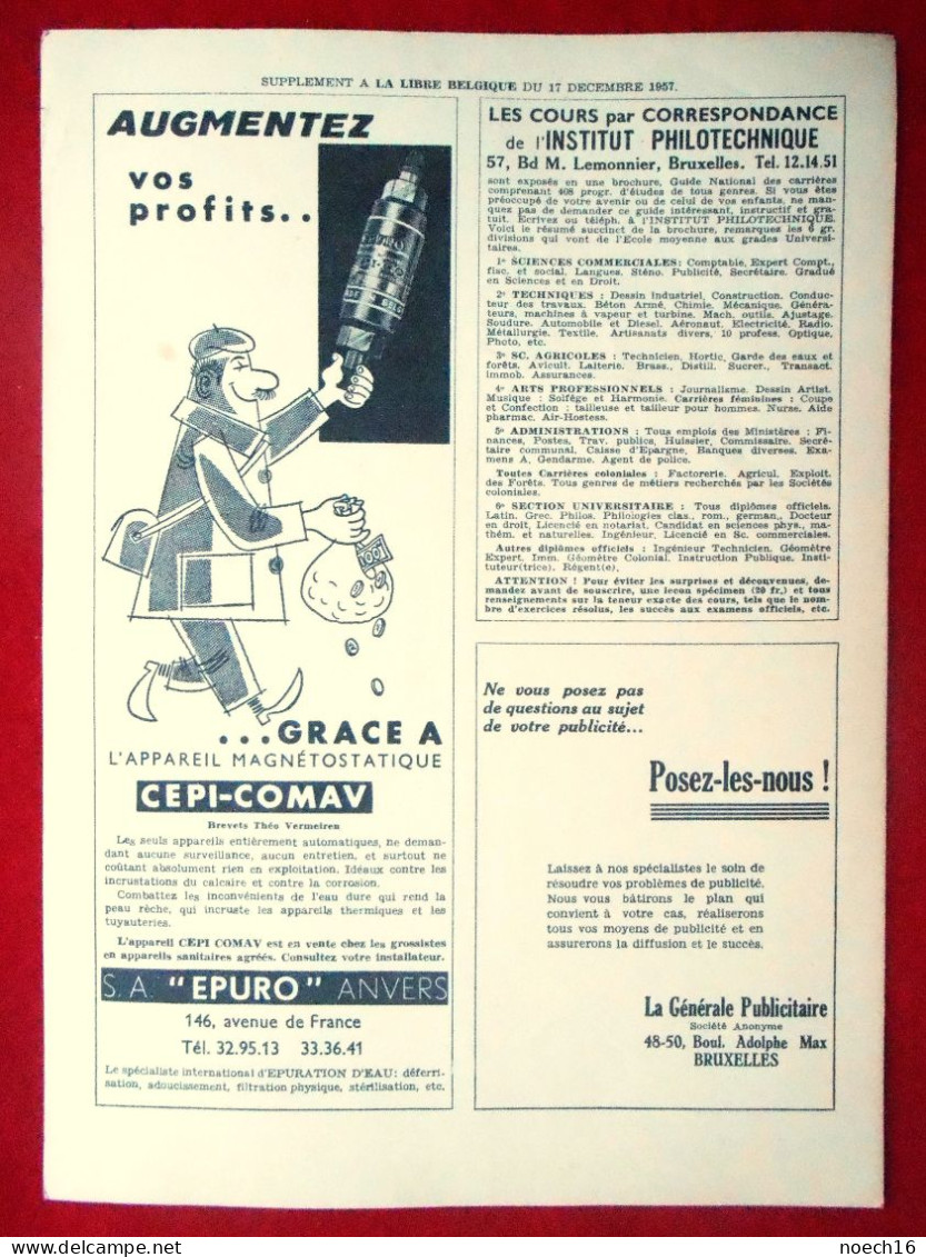 Supplément à La Libre Belgique 1957. S A "Epuro" Anvers. Voeux, Illustration Angèle Eggermont, Huy - Publicités