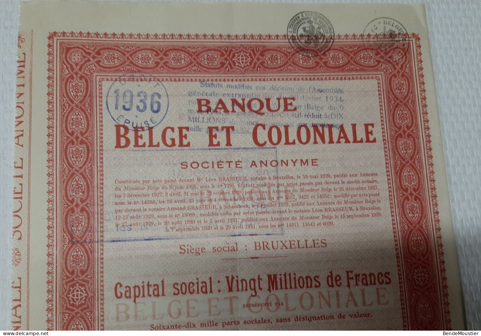 Banque Belge Et Coloniale S.A. - Part Sociale Au Porteur - Bruxelles 1931. - Banco & Caja De Ahorros