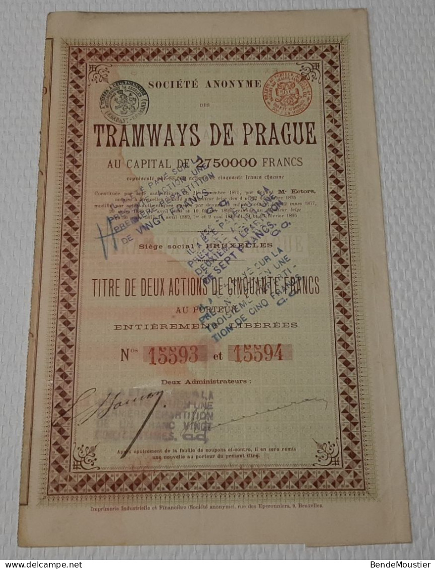 S.A. Des Tramways De Prague - Titre De Deux Actions De 50 Frs Au Porteur - Bruxelles 1895. - Chemin De Fer & Tramway