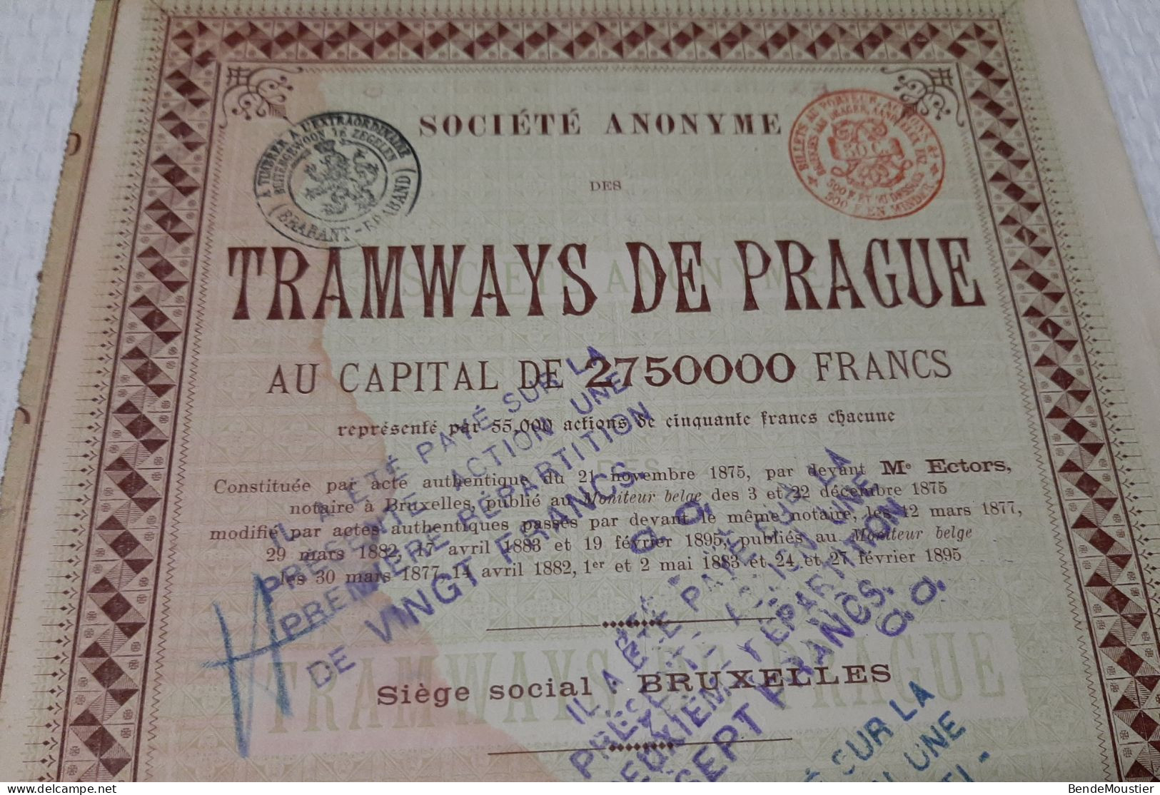 S.A. Des Tramways De Prague - Titre De Deux Actions De 50 Frs Au Porteur - Bruxelles 1895. - Chemin De Fer & Tramway