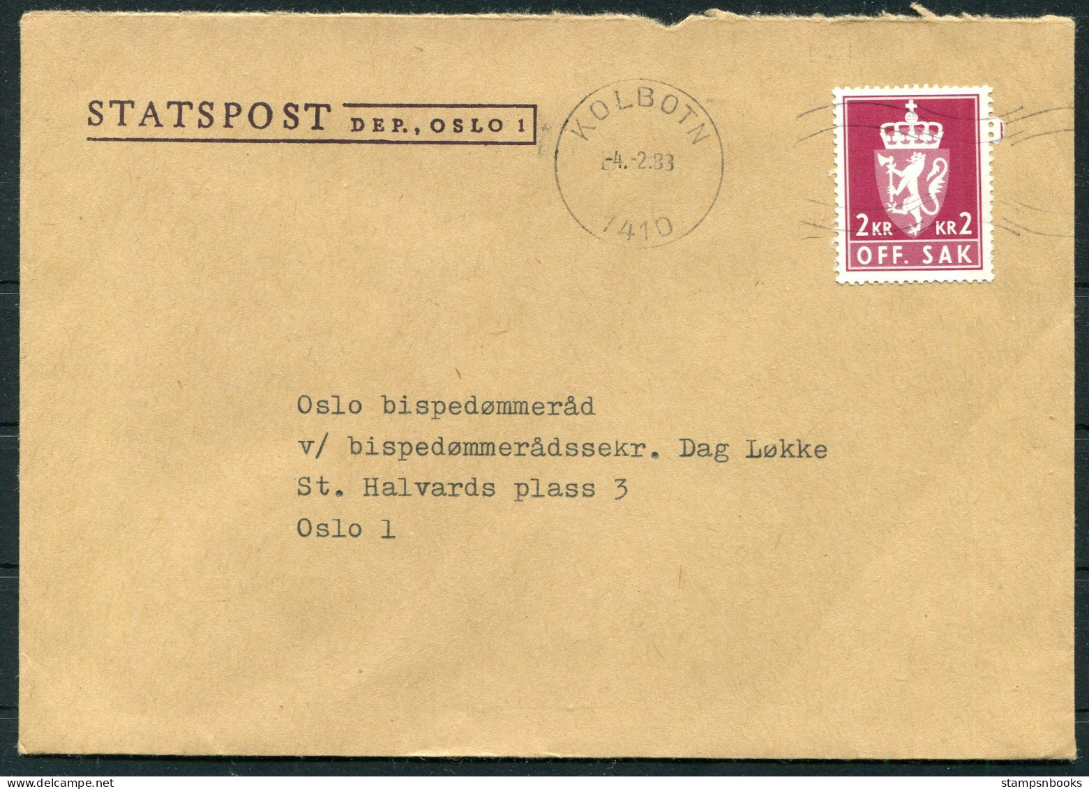 1983 Norway Statspost Kolboton Oslo Official OFF.SAK Cover - Briefe U. Dokumente