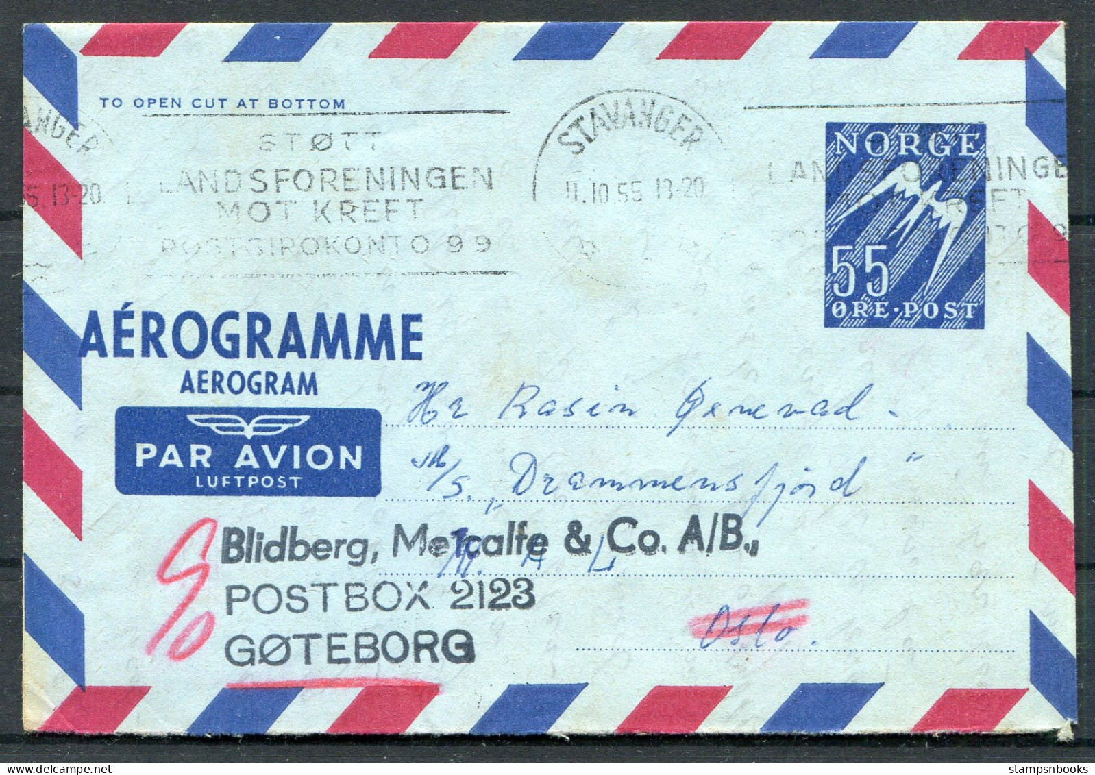 1955 Norway 55ore Aerogramme Aerogram Stavanger - M/S DRAMMENSFJORD Oslo Redirected - Goteborg - Ganzsachen