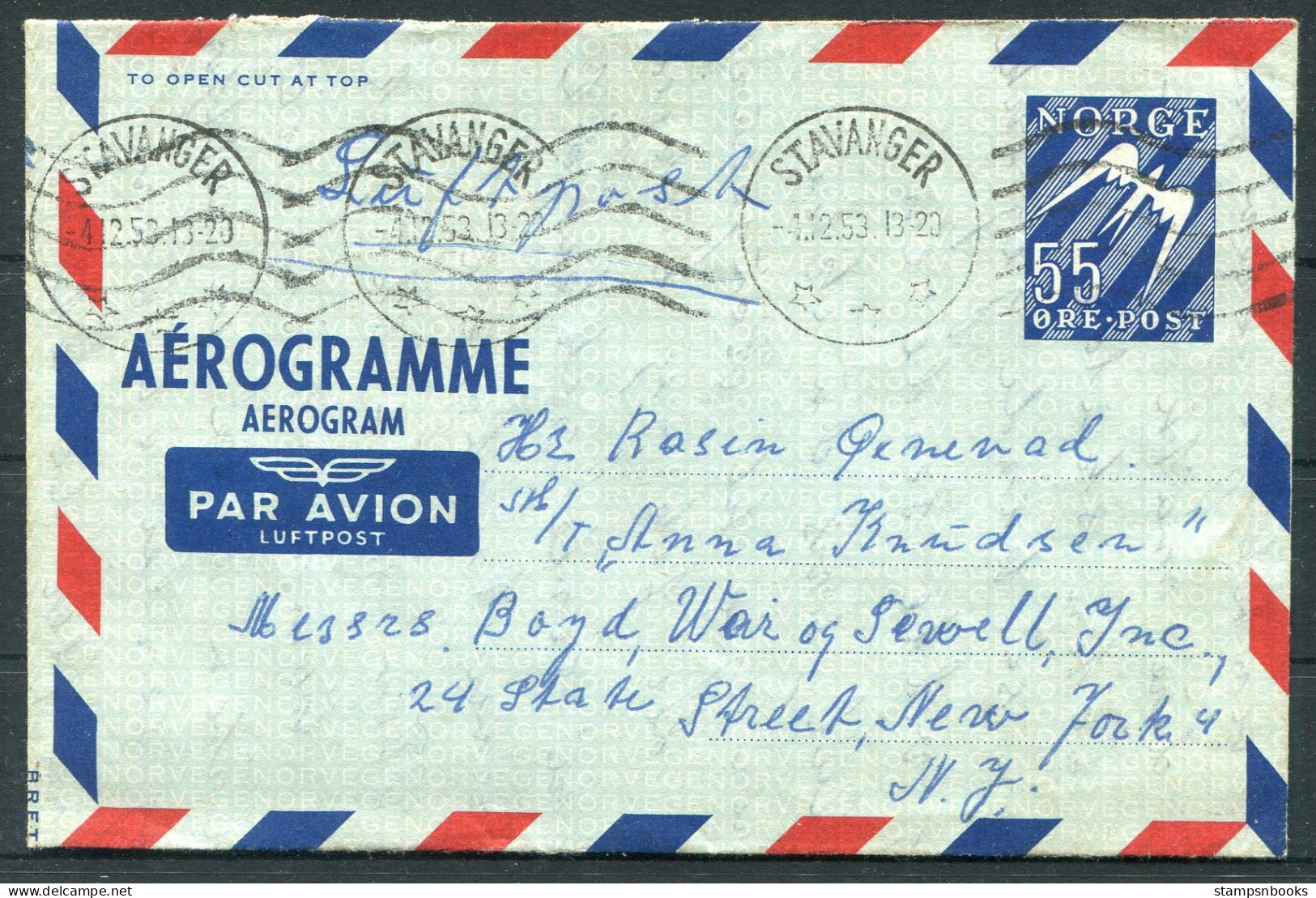 1953 Norway 55ore Aerogramme Aerogram Stavanger - New York, USA - Enteros Postales