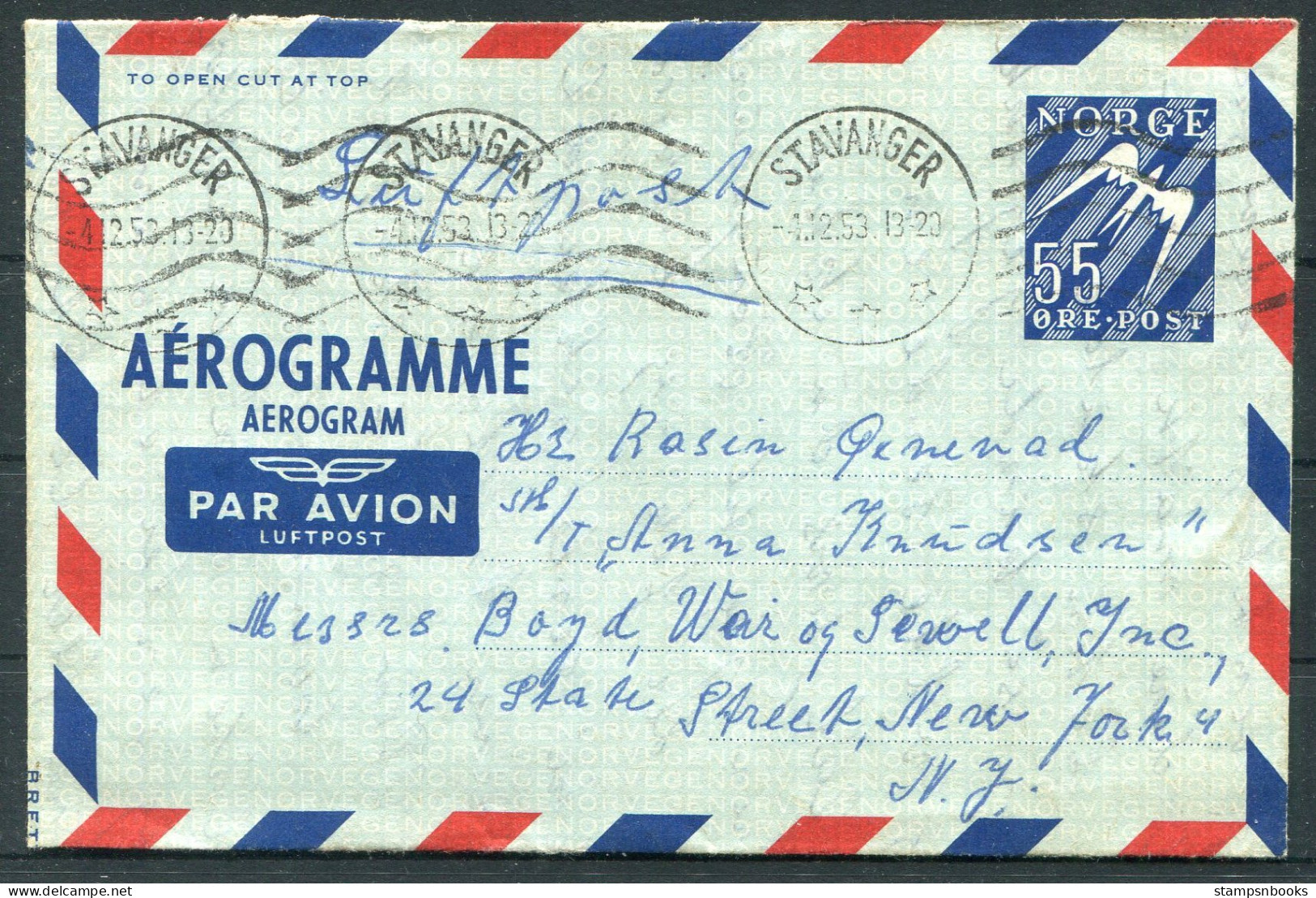 1953 Norway 55ore Aerogramme Aerogram Stavanger - New York, USA - Ganzsachen