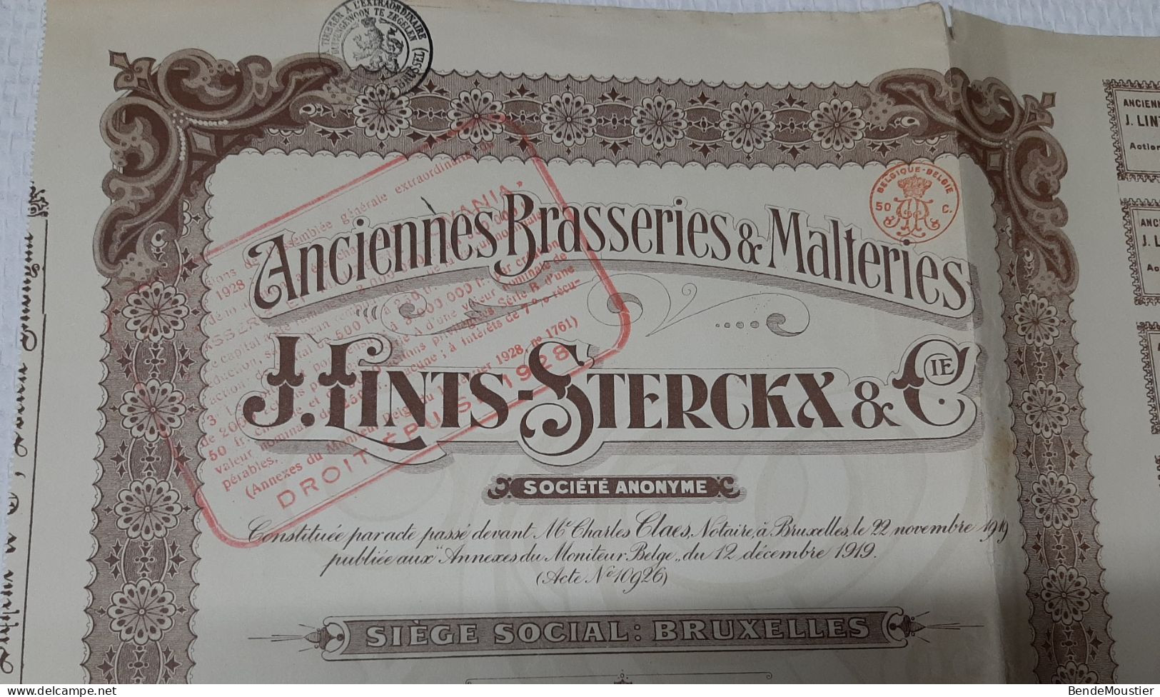 Anciennes Brasseries & Malteries J.Lints-Sterckk & Cie S.A. - Action De Dividende - Bruxelles 12 Décembre 1919 - Agricoltura