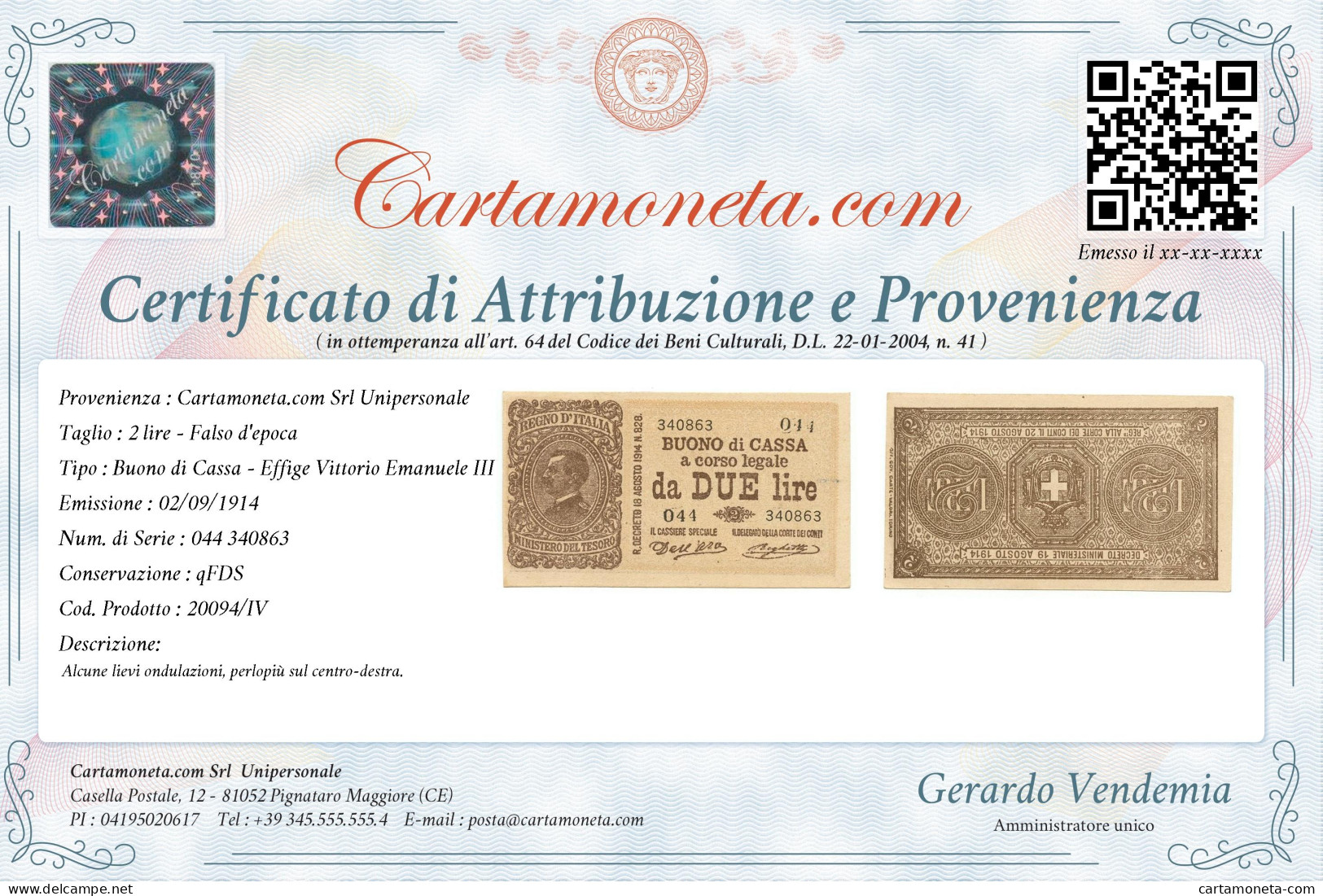 2 LIRE FALSO D'EPOCA BUONO DI CASSA EFFIGE VITTORIO EMANUELE III 02/09/1914 QFDS - [ 8] Specimen