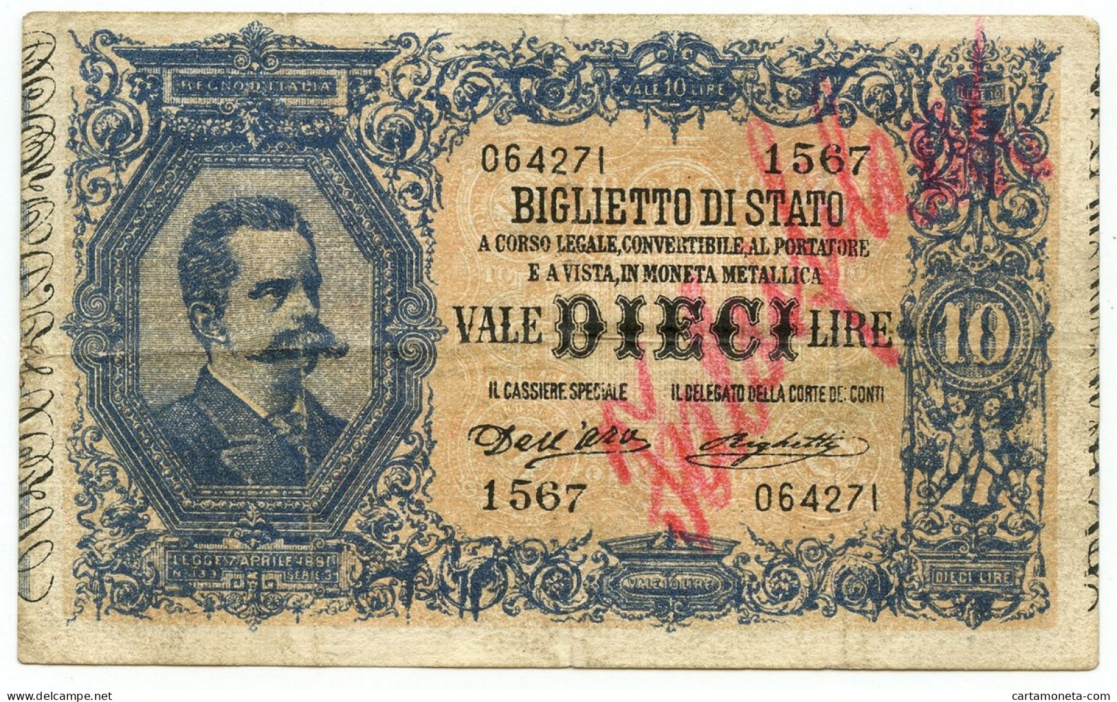 10 LIRE FALSO D'EPOCA BIGLIETTO DI STATO EFFIGE UMBERTO I 02/09/1914 BB - [ 8] Fakes & Specimens
