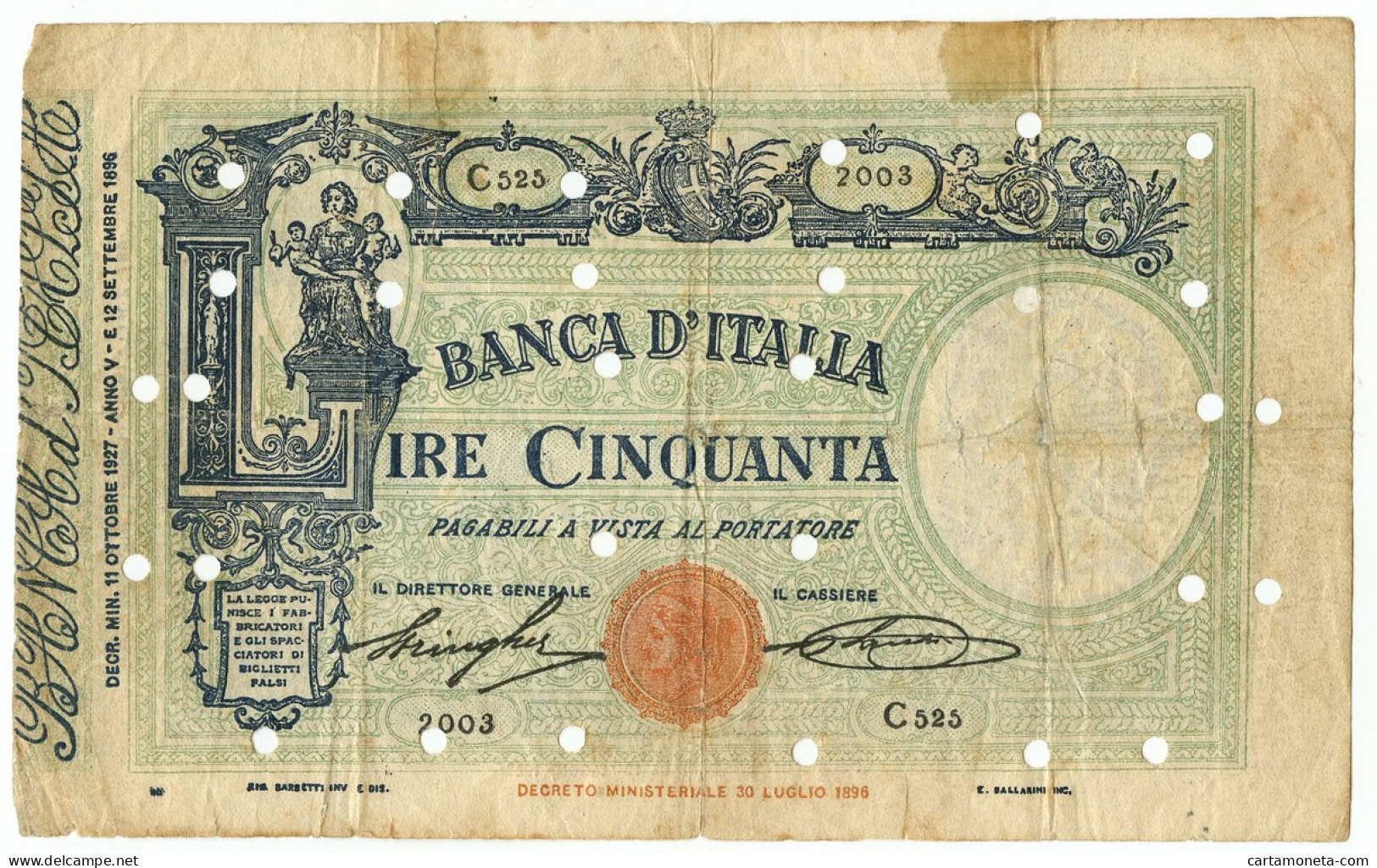 50 LIRE FALSO D'EPOCA BARBETTI GRANDE L MATRICE LATERALE FASCIO 11/10/1927 MB+ - [ 8] Falsi & Saggi