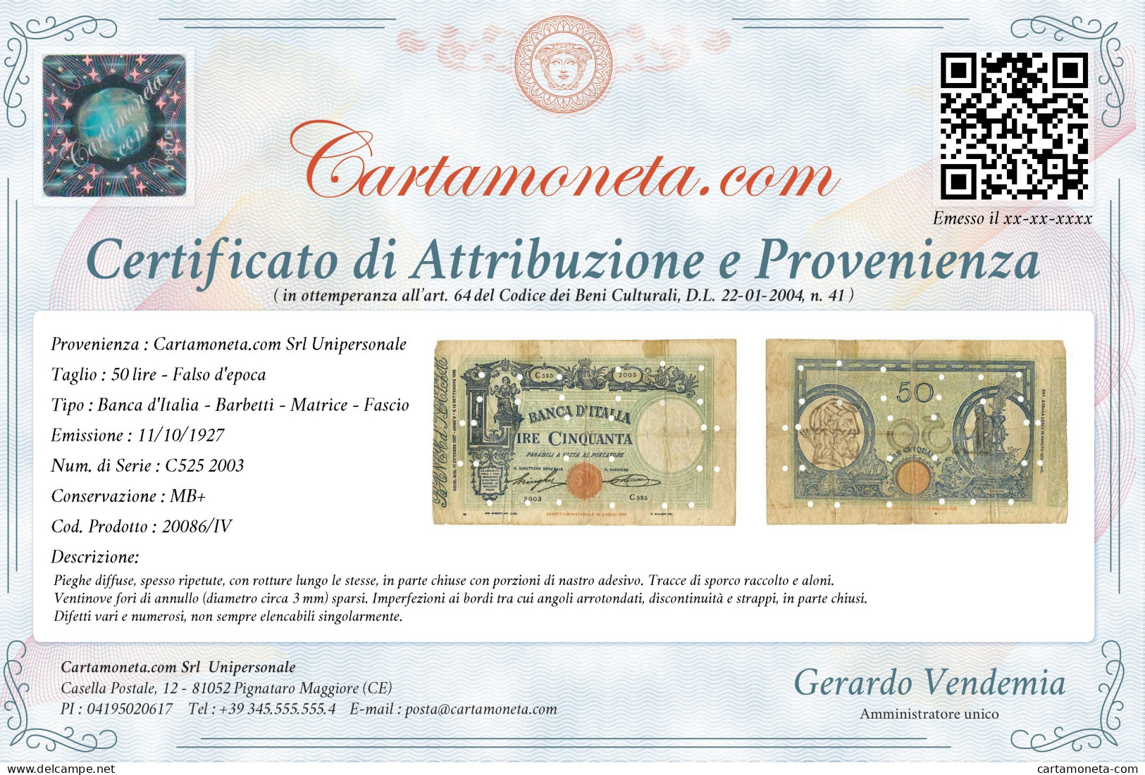 50 LIRE FALSO D'EPOCA BARBETTI GRANDE L MATRICE LATERALE FASCIO 11/10/1927 MB+ - [ 8] Fictifs & Specimens