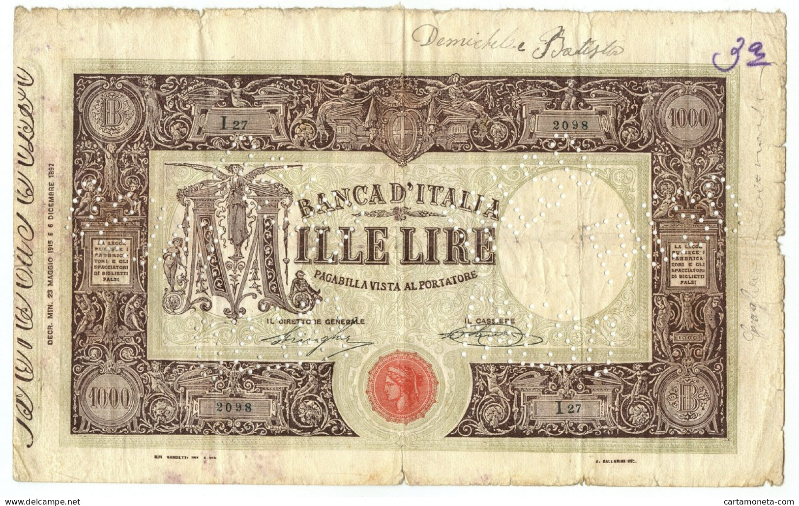 1000 LIRE FALSO D'EPOCA BARBETTI GRANDE M MATRICE LATERALE 23/05/1915 MB+ - [ 8] Ficticios & Especimenes