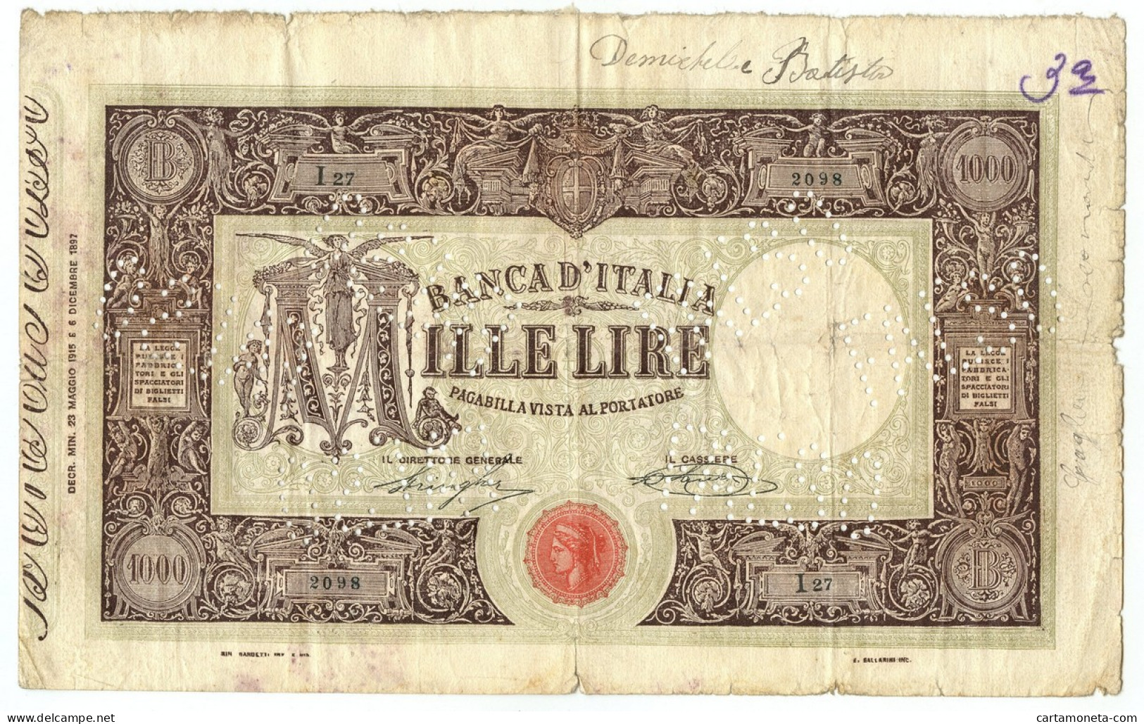 1000 LIRE FALSO D'EPOCA BARBETTI GRANDE M MATRICE LATERALE 23/05/1915 MB+ - [ 8] Falsi & Saggi