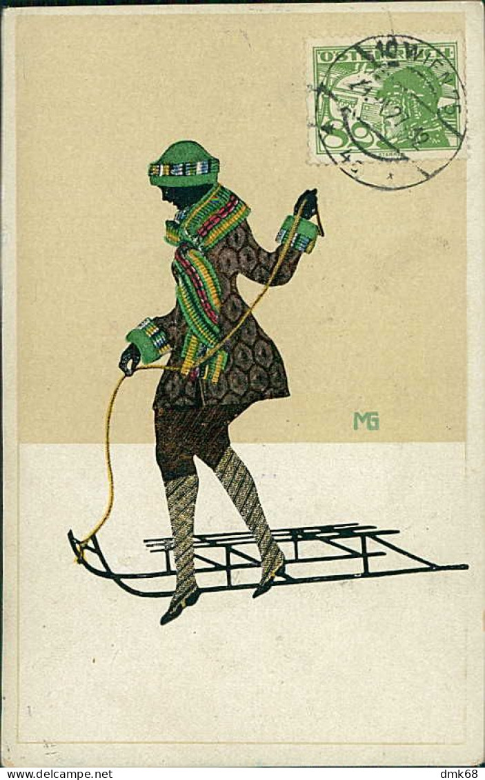 MARTE GRAF SIGNED 1920s POSTCARD -  SILHOUETTE - WOMAN WITH ICE SLED - (5221) - Graf, Marte