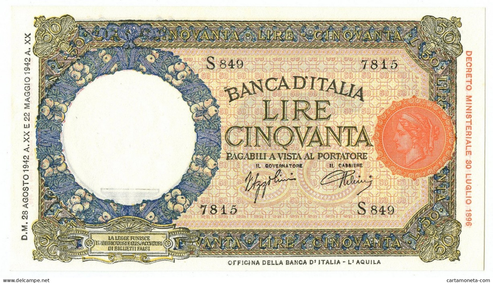 50 LIRE CAPRANESI LUPA CAPITOLINA M. STRETTO FASCIO L'AQUILA 28/08/1942 QFDS - Andere