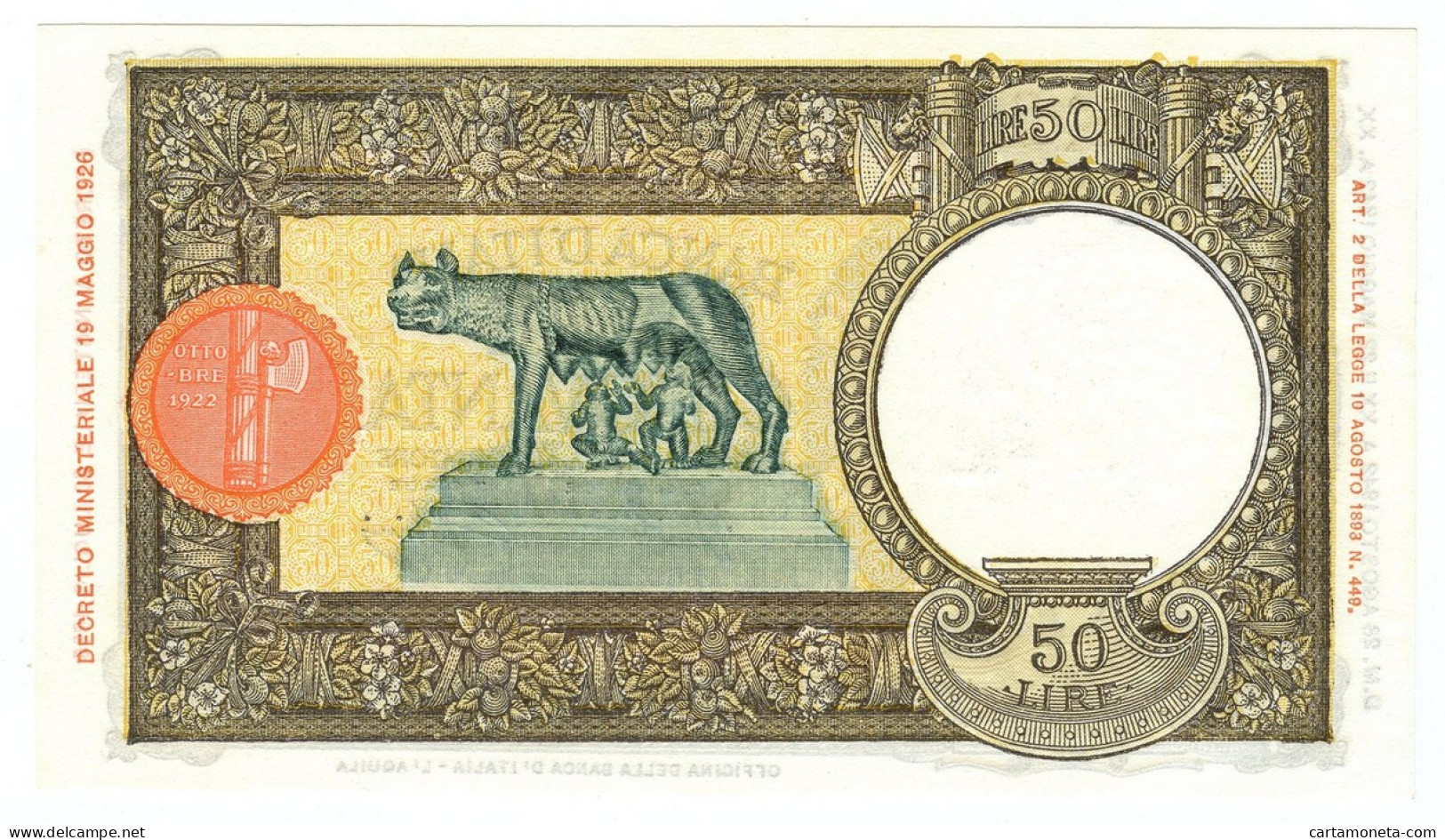 50 LIRE CAPRANESI LUPA CAPITOLINA M. STRETTO FASCIO L'AQUILA 28/08/1942 QFDS - Otros