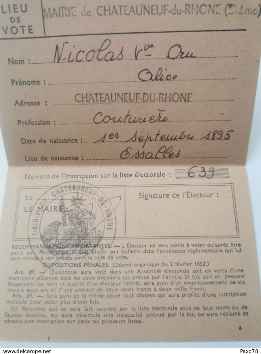 Carte D'électeur, Mairie De Chateauneuf-du-Rhone - Lettres & Documents