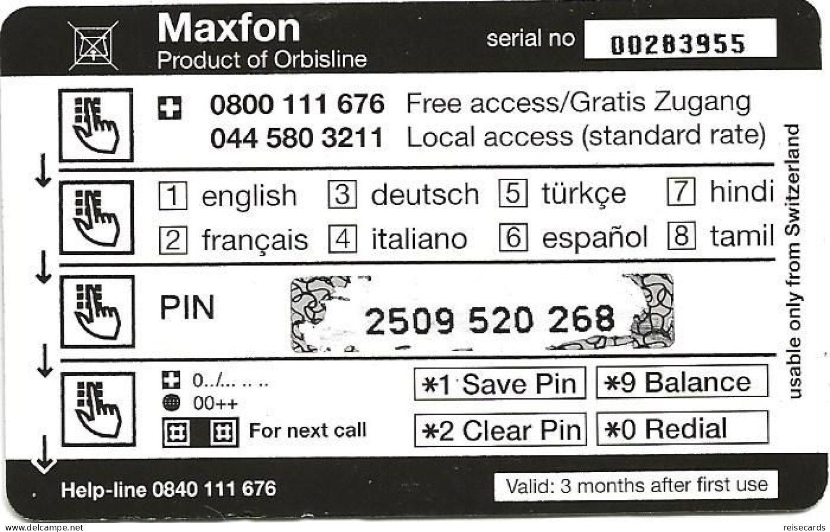 Switzerland: Prepaid Orbisline - Maxfon. Univers - Switzerland