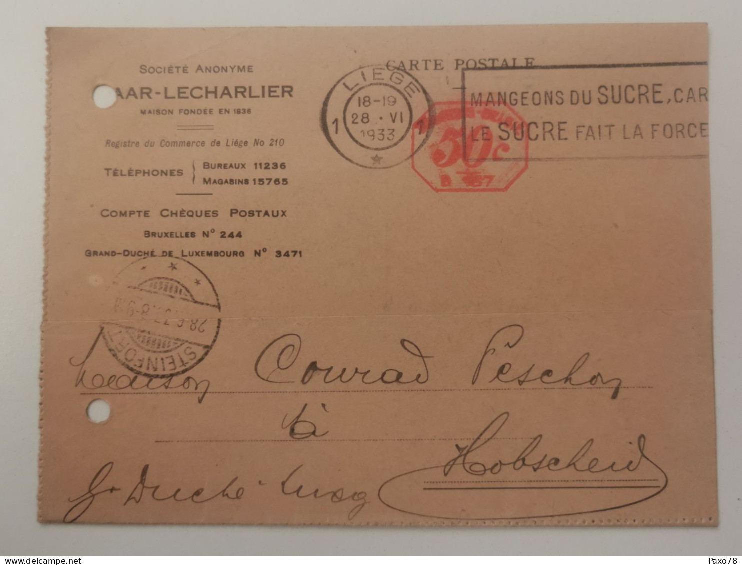 Entier Postaux, Aar-Lecharlier, Oblitéré Liège Et Steinfort 1933 - Briefkaarten 1909-1934