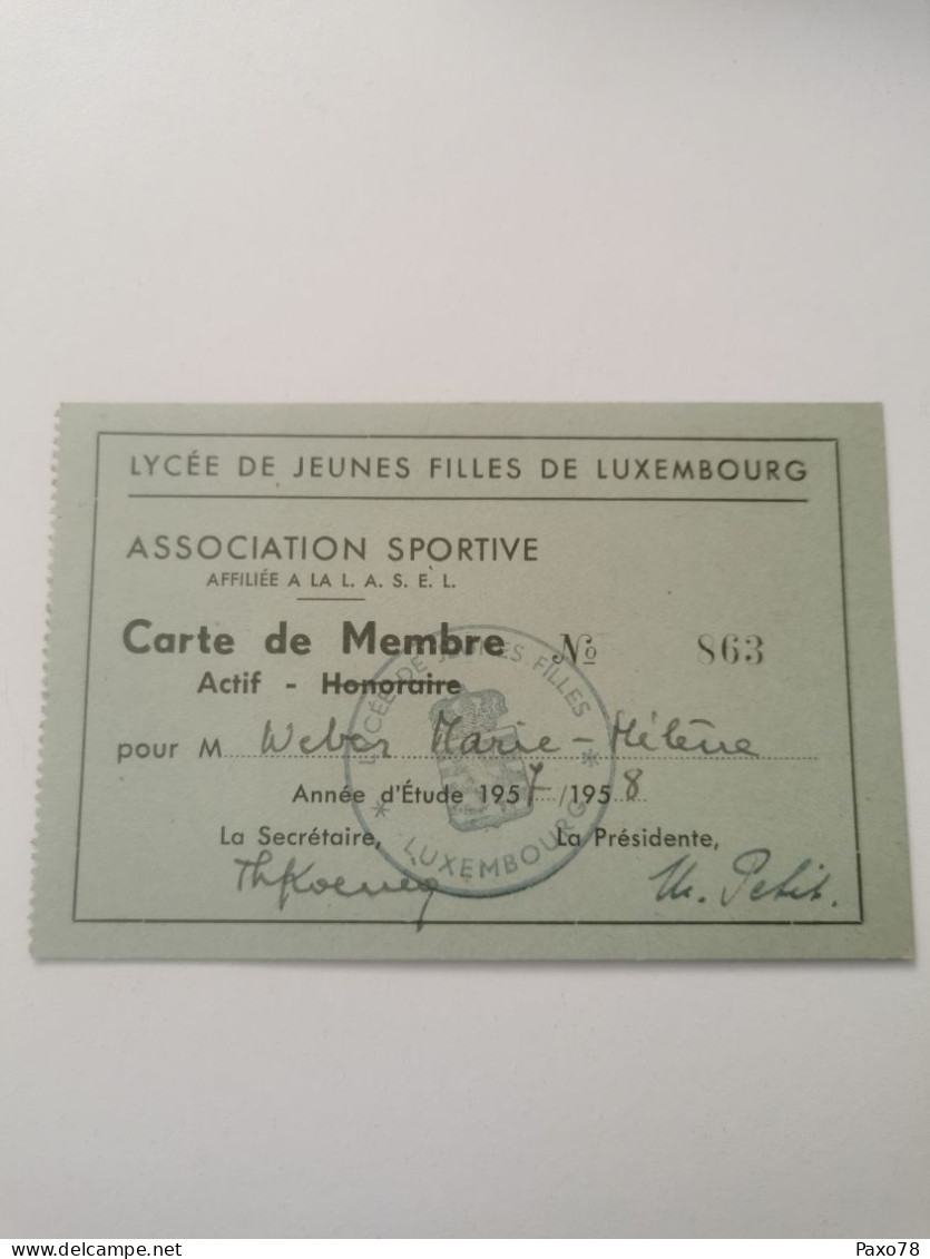 Carte Membre, Lycée De Jeunes Filles De Luxembourg 1958 - Lettres & Documents