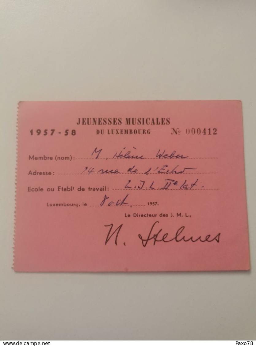 Carte Membre, Jeunesses Musicales Du Luxembourg 1957 - Lettres & Documents