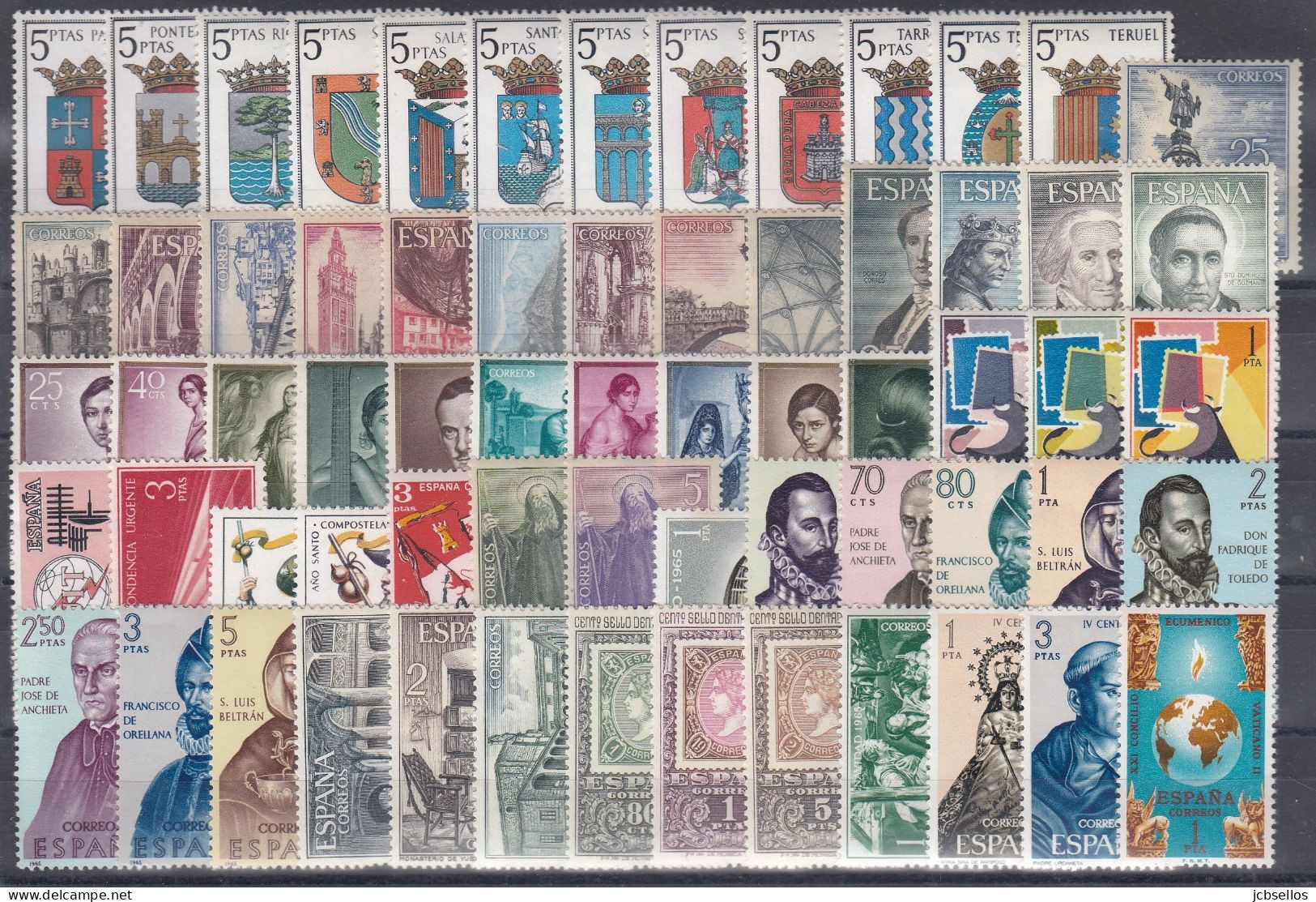 ESPAÑA 1965 Nº 1631/1695 AÑO COMPLETO NUEVO, SIN CHARNELA, 65 SELLOS CON ESCUDOS - Años Completos