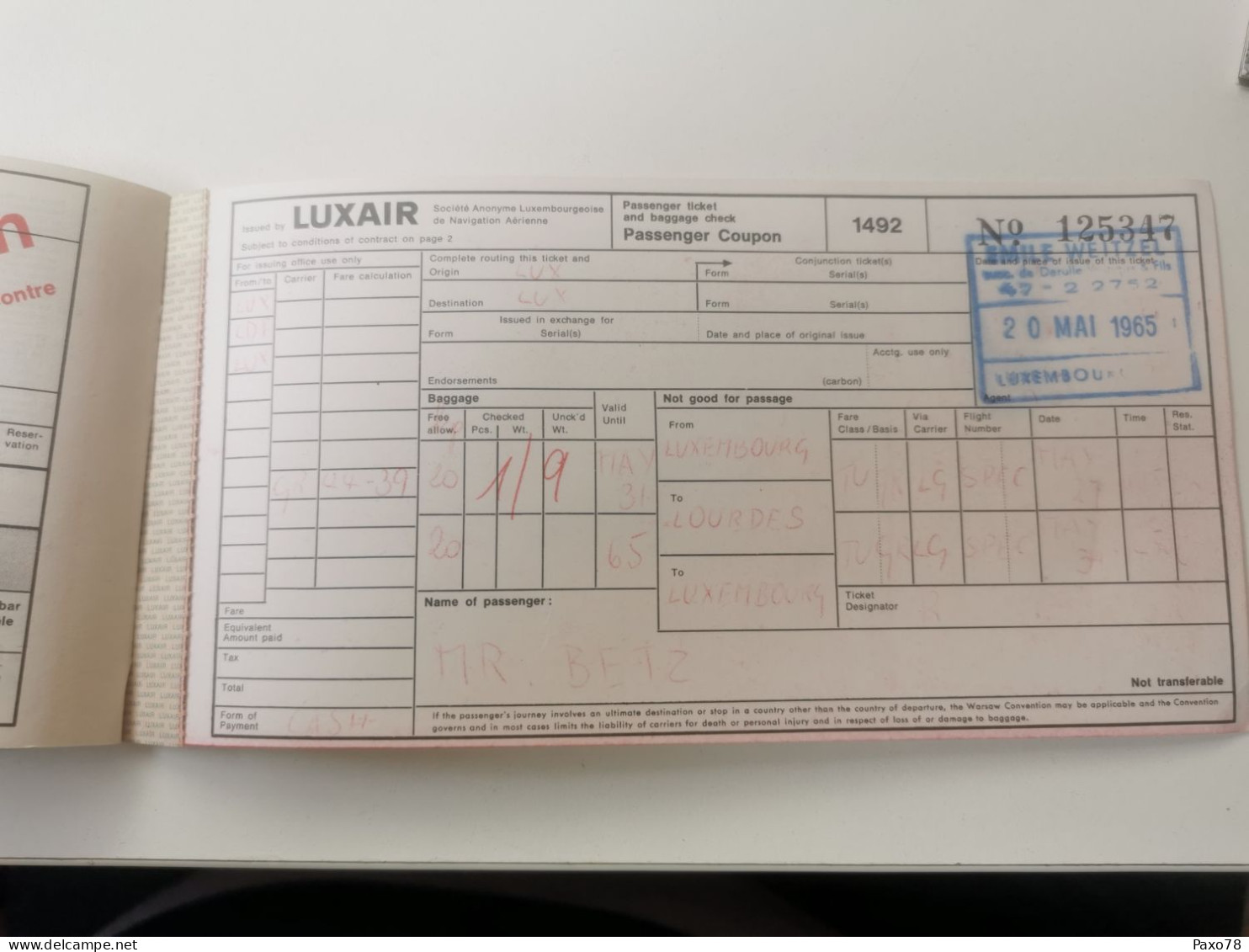 Ticket Luxair 1965 - Lettres & Documents