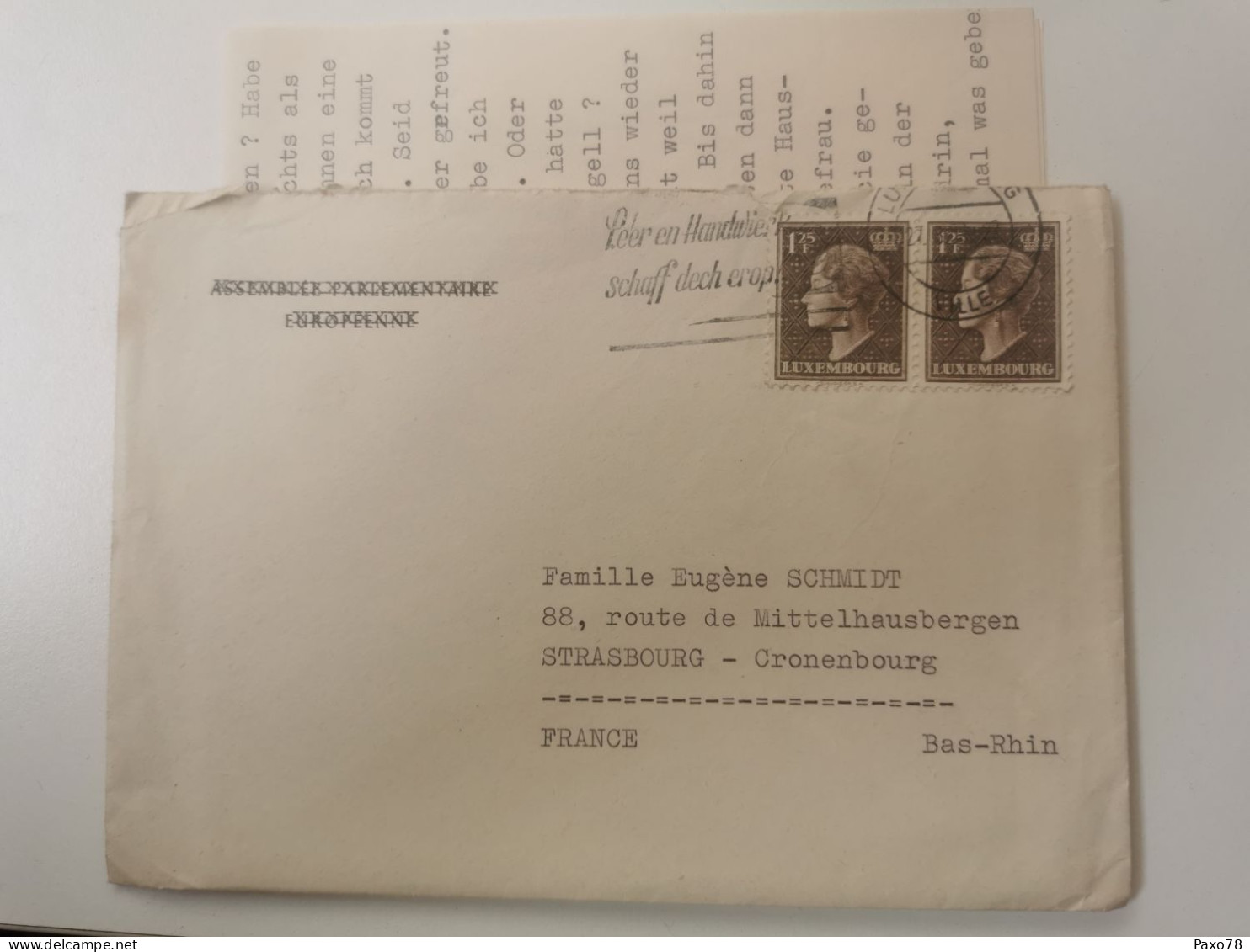 Enveloppe +Lettre, Assemblée Parlementaire Europeenne, Luxembourg 1958 - Cartas & Documentos