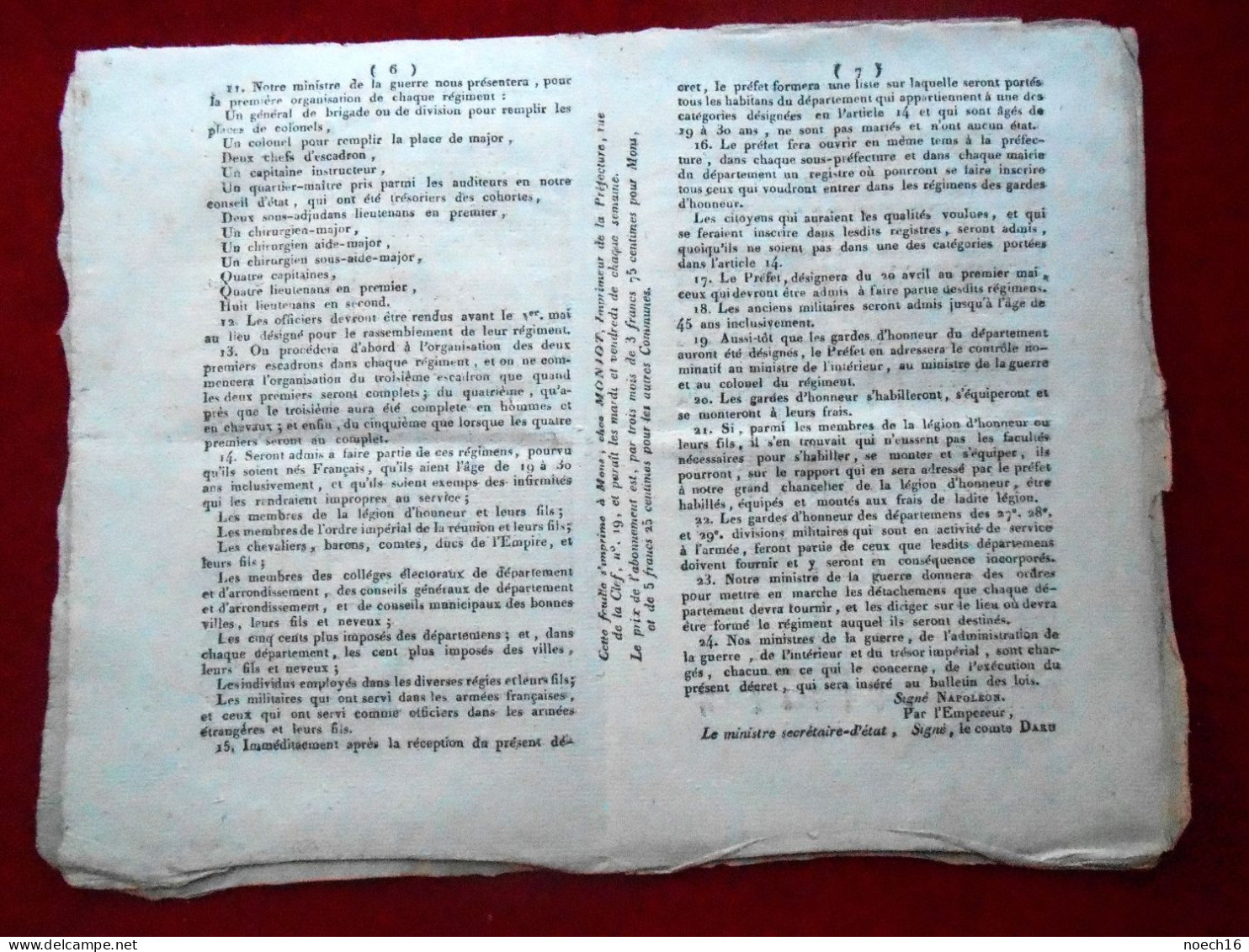 Département De Jemappe 1813. Décret Impérial, Organisation Des Gardes D'Honneur Par Napoléon 1er - Decrees & Laws