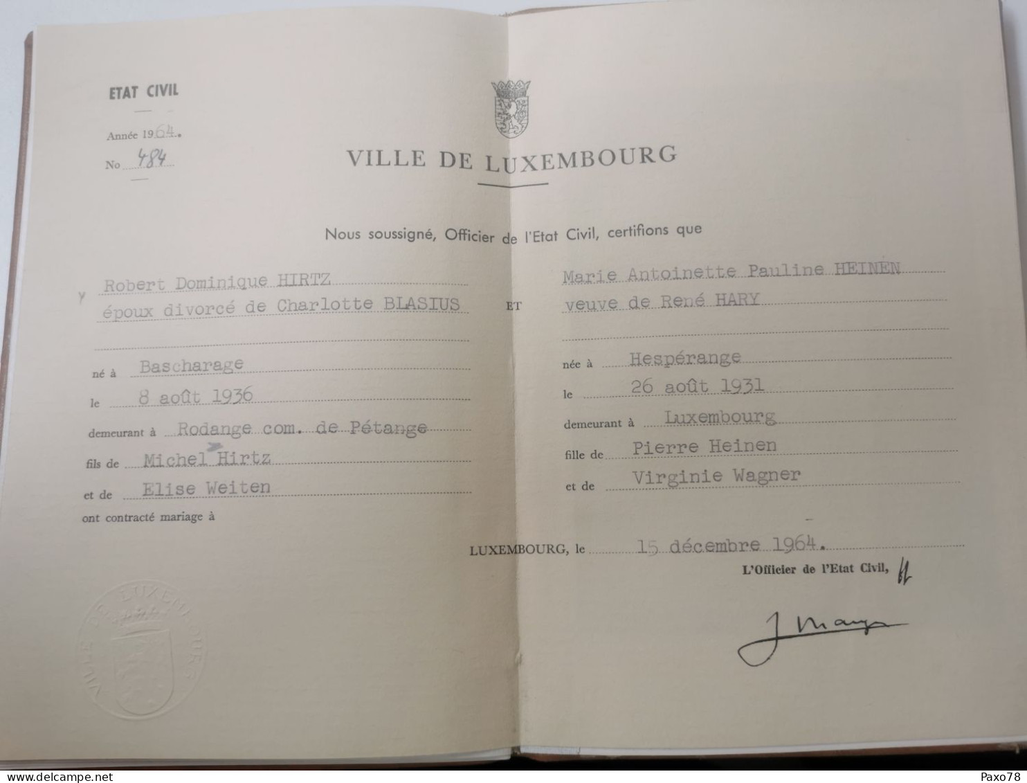 Livret De Famille, Ville De Luxembourg 1964, Hesperange - Brieven En Documenten