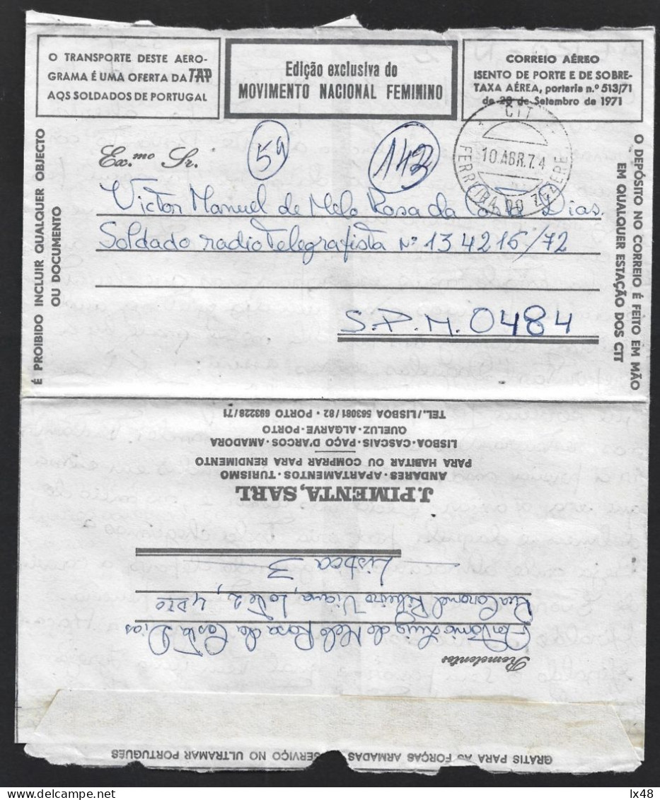 Aerograma Guerra Colonial Publicidade Erro Datador. Aerograma Militar 'J. Pimenta, Sarl'. Military Aerogram Colonial War - Lettres & Documents