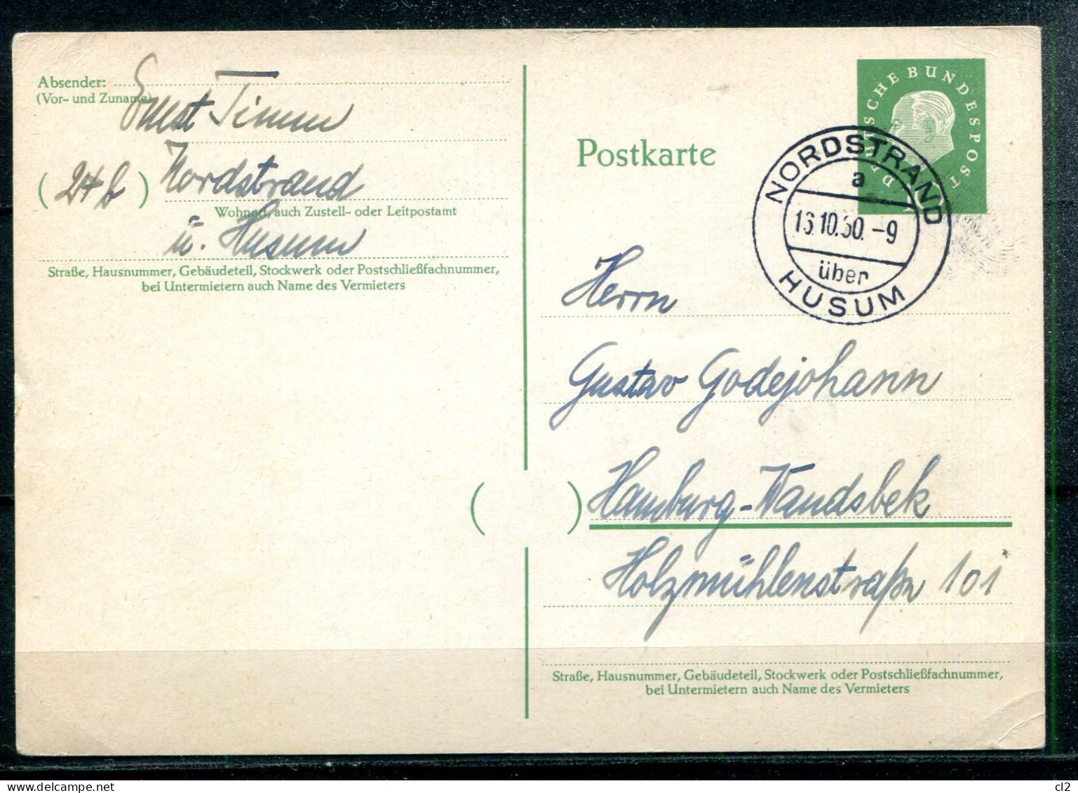 REPUBLIQUE FEDERALE ALLEMANDE - Michel P37 (Nordstrand über Husum Nach Hamburg) - Postcards - Used