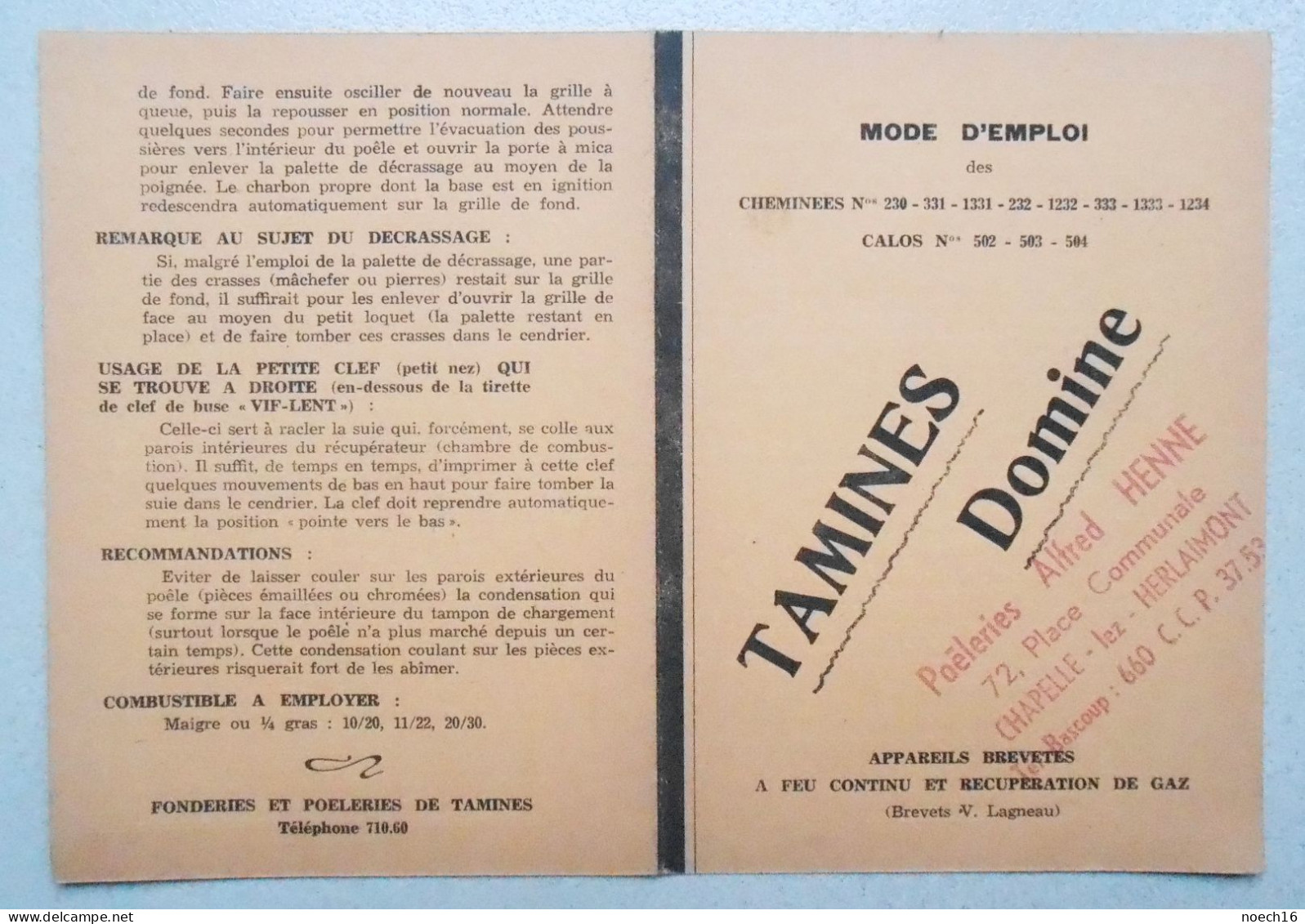 Fonderies & Poêleries Tamines Domine/ Publicité et Mode d'emploi/ Cachet revendeur Alfred Henne, Chapelle-lez-Herlaimont