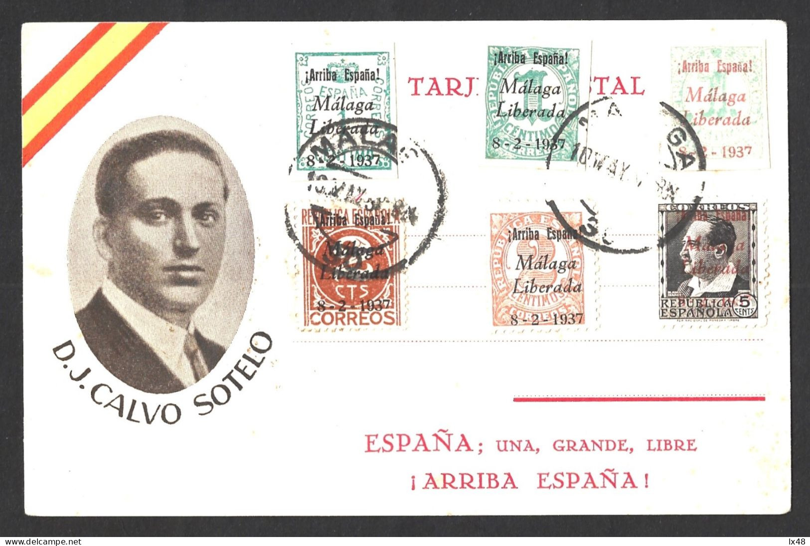 Arriba España. Guerra Civil Española. Sellos Con Sobrecarga 'Málaga Liberada 1937'. D.J.Calvo Sotelo. Arriba España. Spa - Variedades & Curiosidades