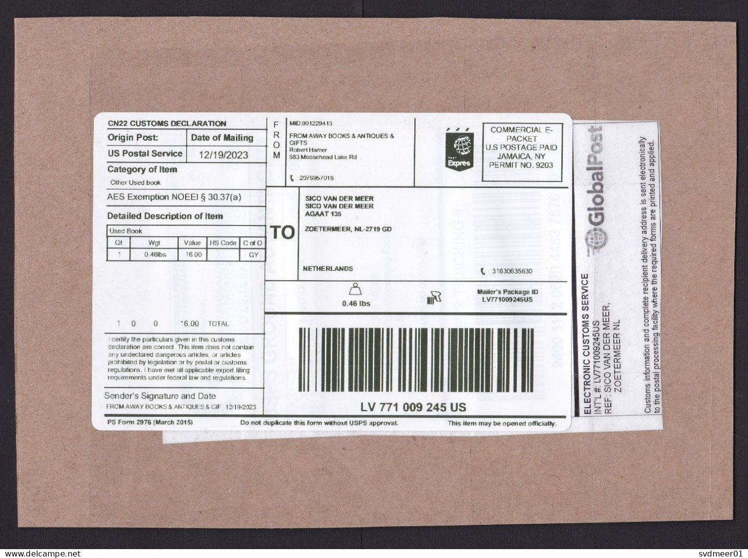 USA: Parcel Fragment (cut-out) To Netherlands, 2023, Postage Paid, Expres Logo, Customs Declaration (traces Of Use) - Covers & Documents